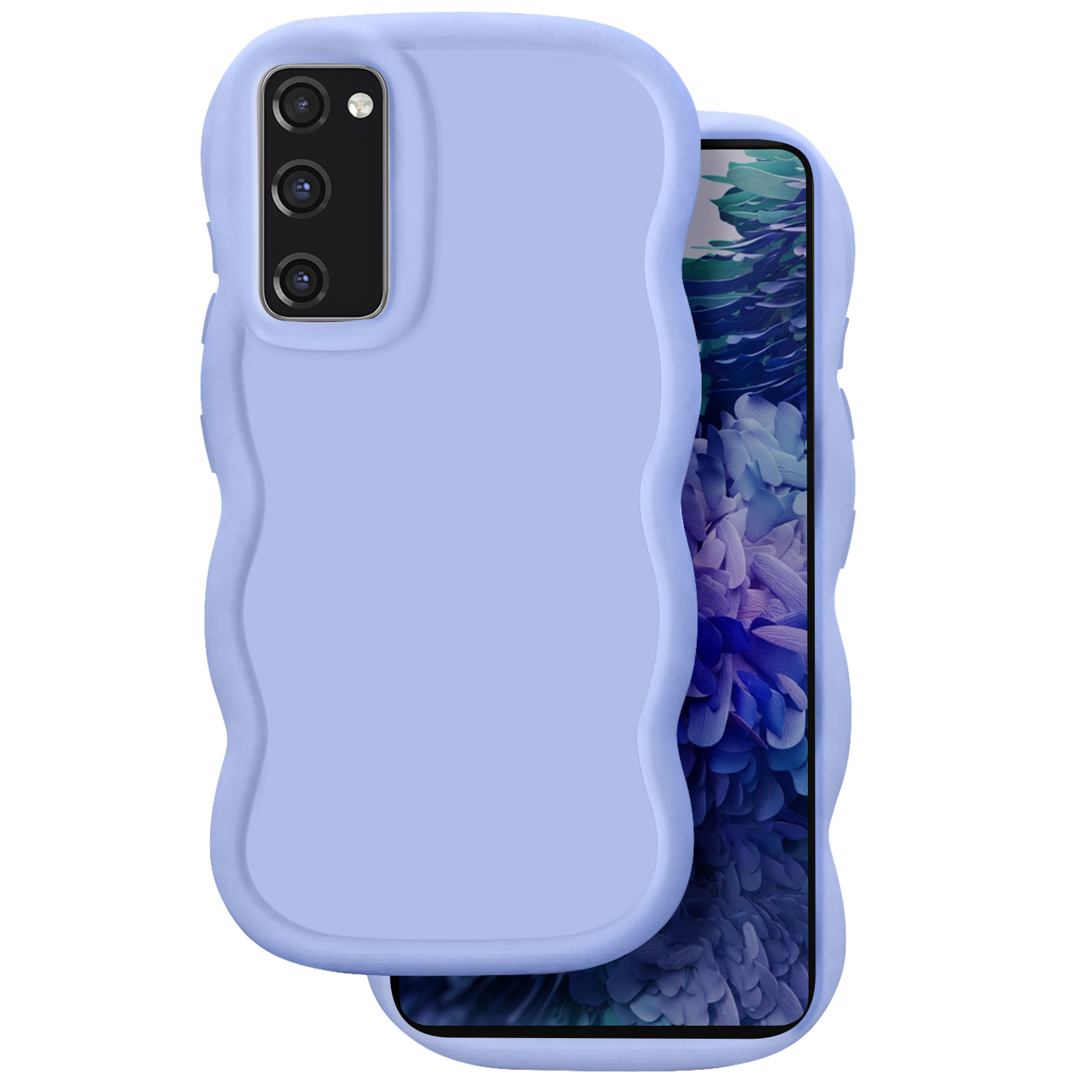 Una custodia per telefono viola chiaro con un design ondulato, che copre un telefono con sfondo floreale.