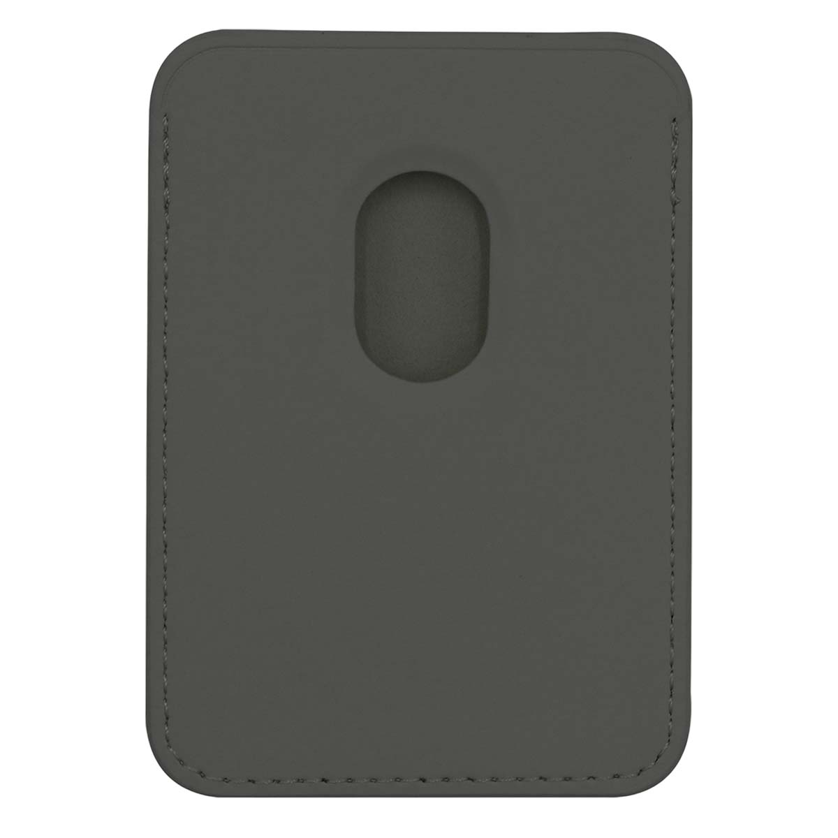 Un porta carte in pelle grigia con un ritaglio ovale. Bordi cuciti e angoli arrotondati. Isolato su sfondo bianco.