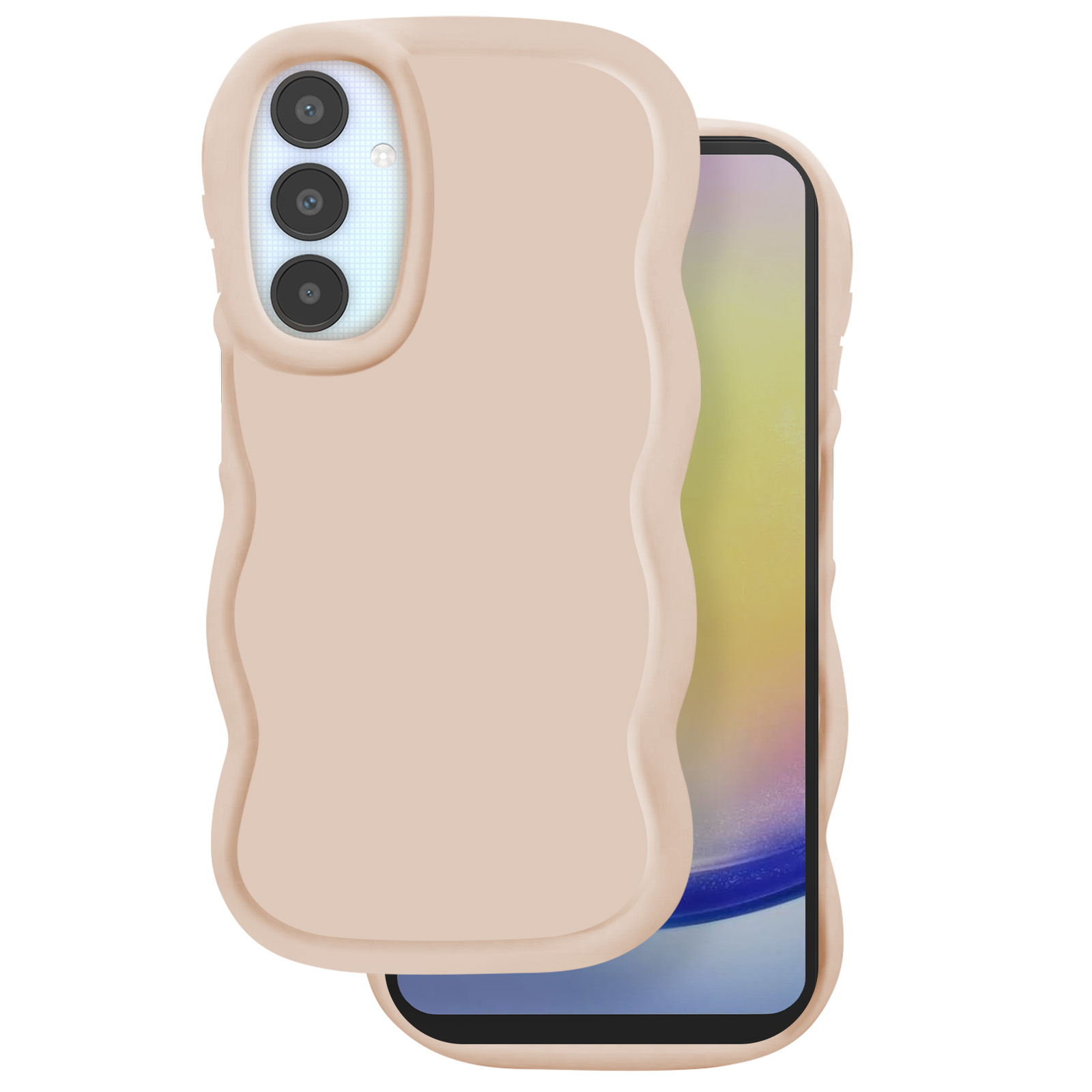 Un telefono in una custodia marrone chiaro. La custodia ha un design ondulato. Lo schermo mostra un'immagine colorata.
