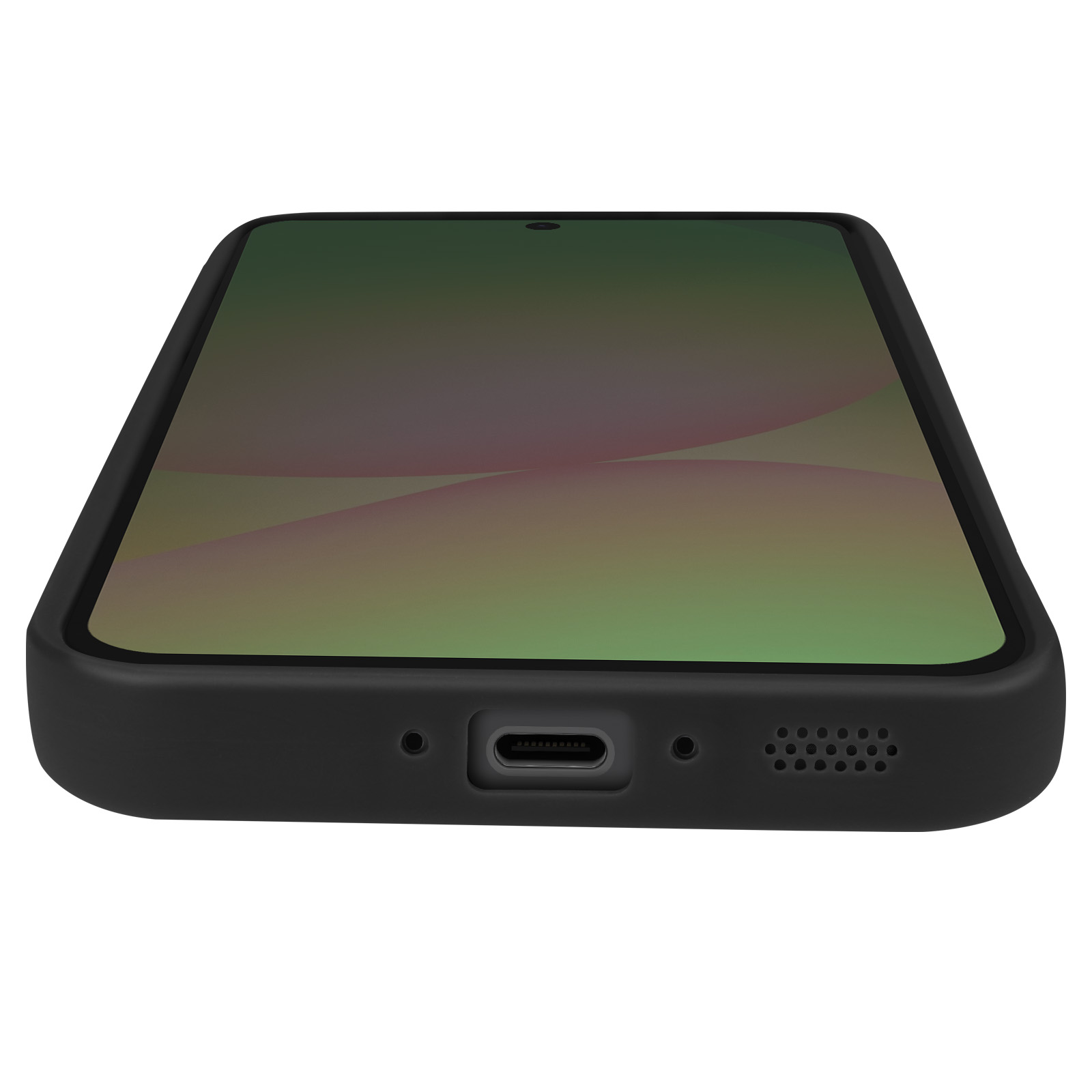 Un smartphone noir, légèrement incliné vers le haut. L'écran affiche un dégradé flou et coloré.