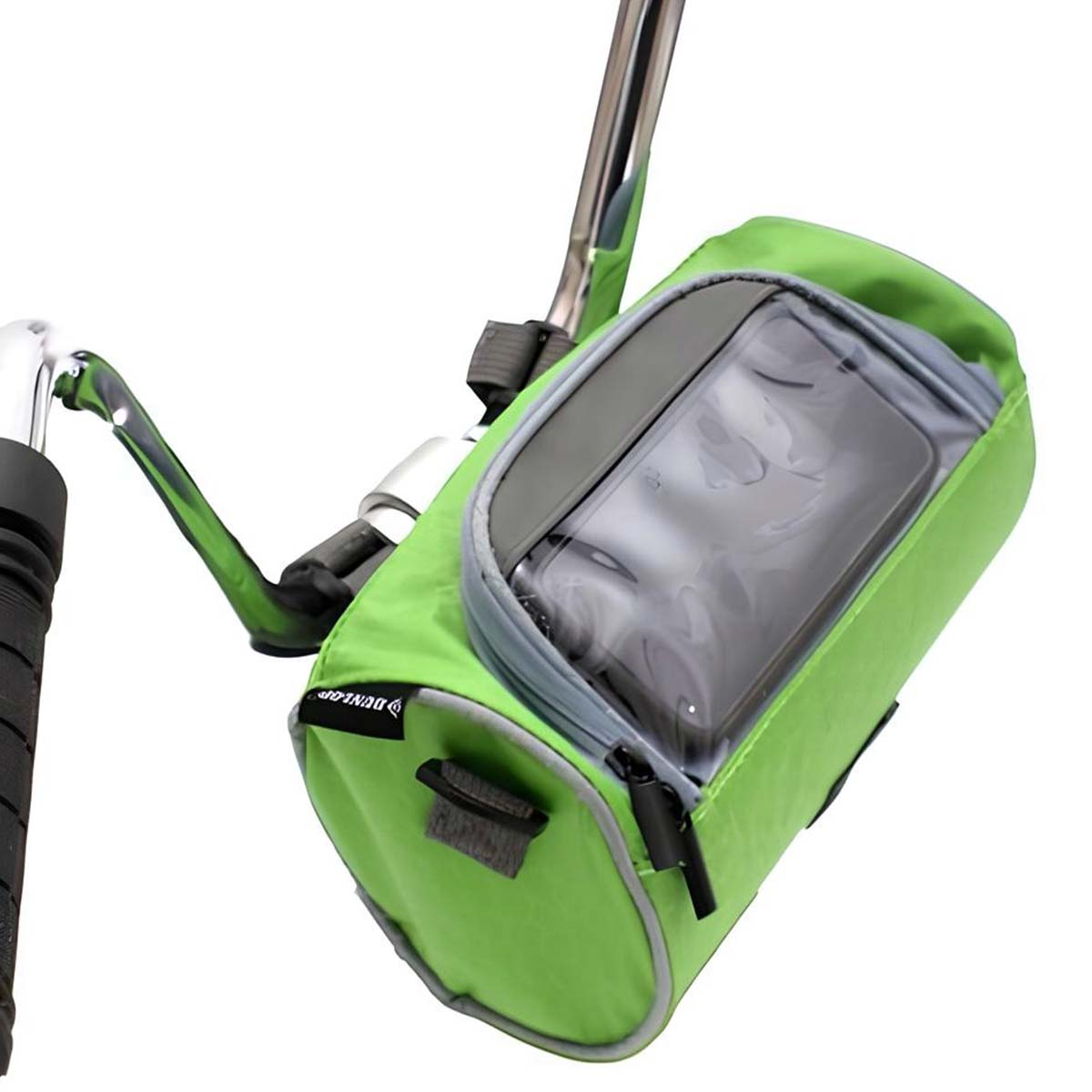 Eine grüne Fahrradtasche mit einem durchsichtigen Fenster für ein Telefon, am Lenker befestigt. Der Hintergrund ist weiß.