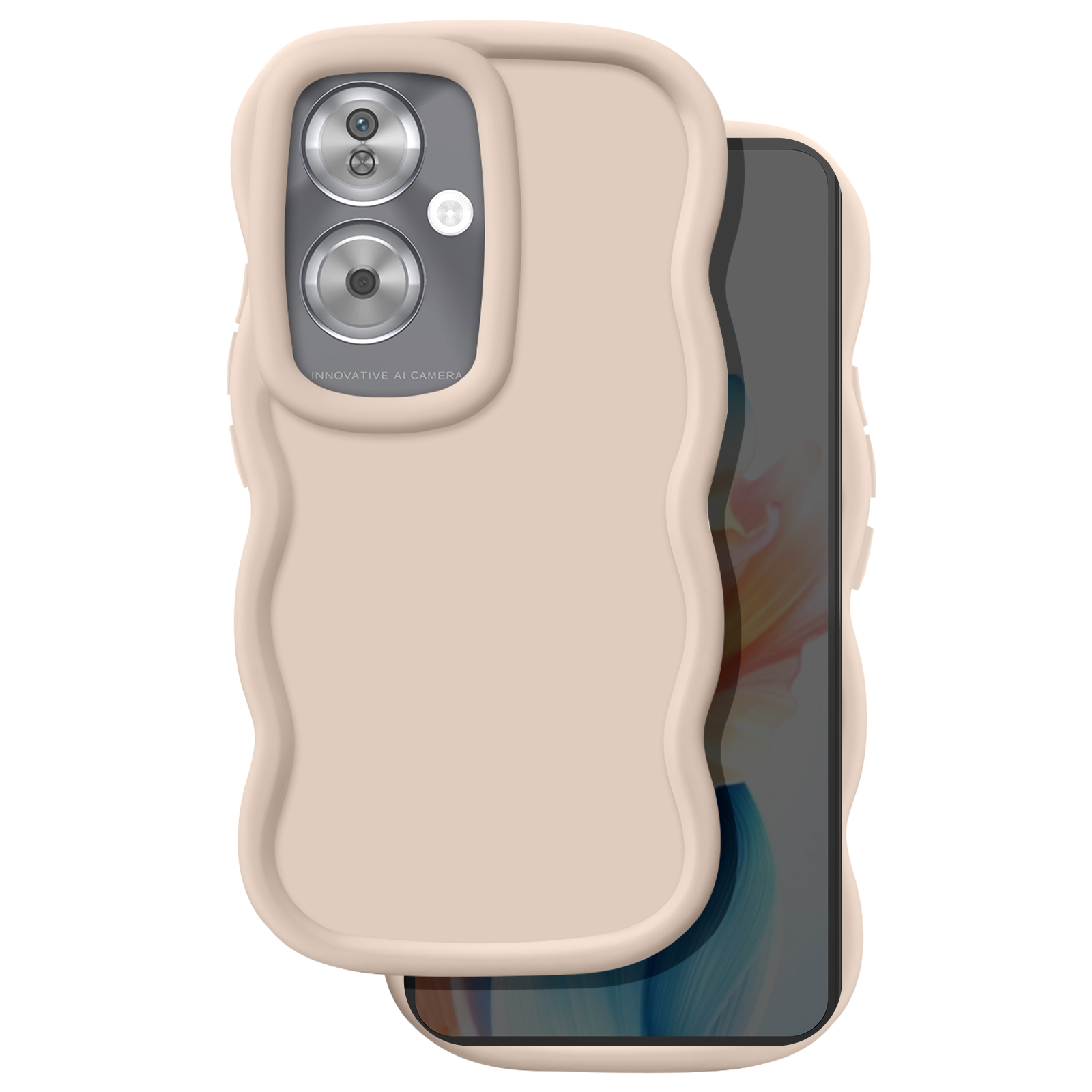 Un telefono in una custodia beige su bianco. La custodia ha un design ondulato e un'area fotocamera. Lo schermo è visibile.