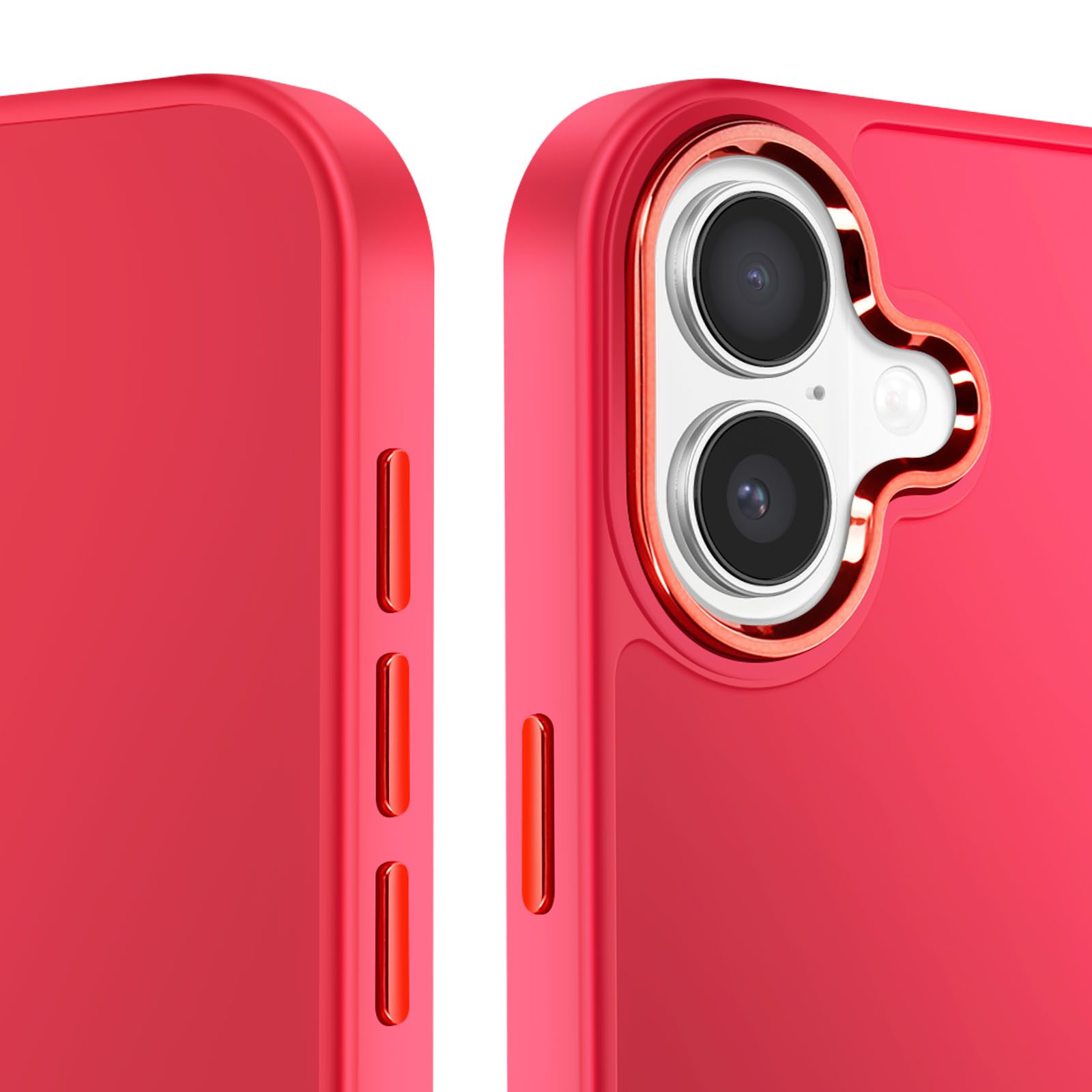 Primo piano di una custodia rossa per telefono. Obiettivi della fotocamera visibili. Pulsanti laterali rossi.
