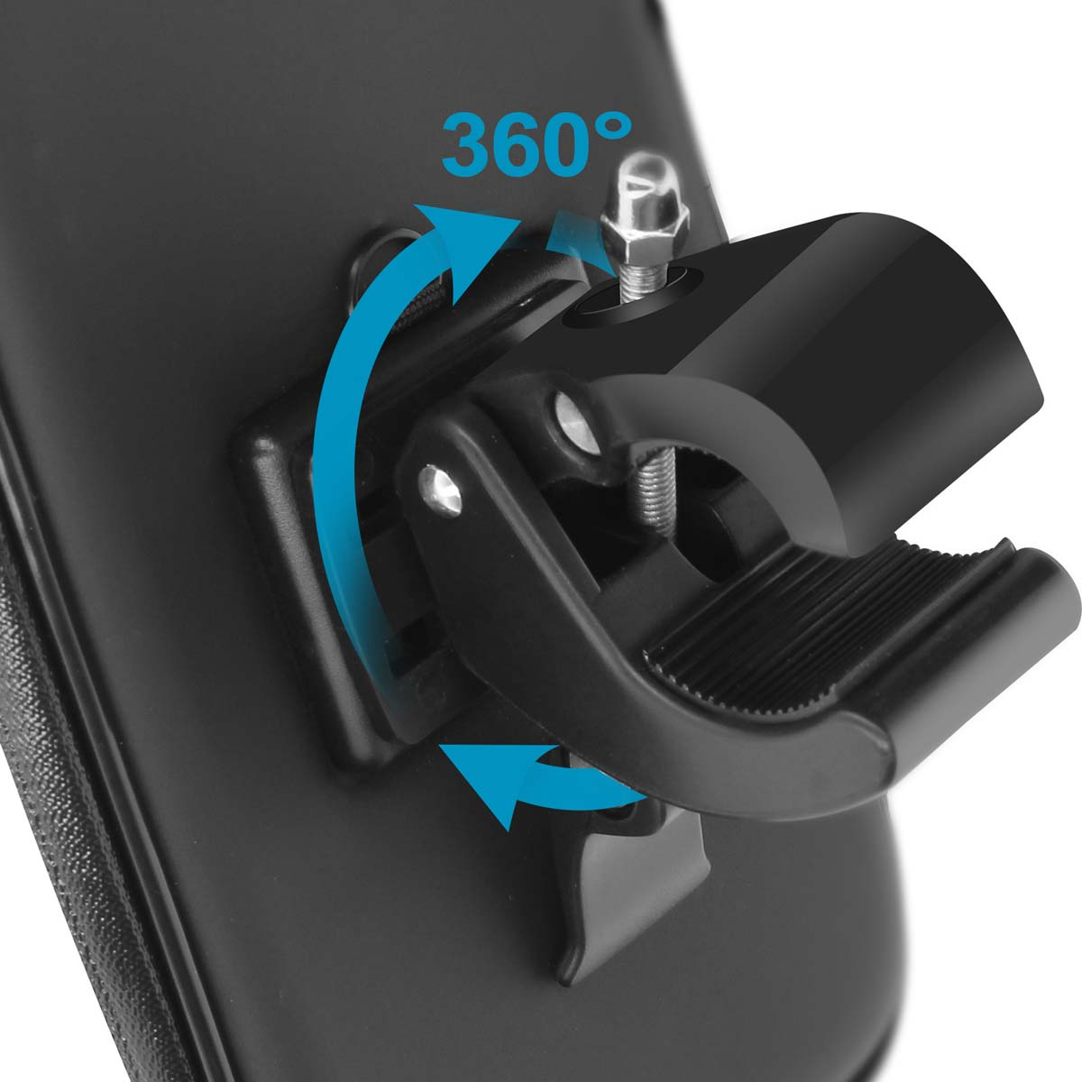 Un primo piano di un supporto per telefono nero con un simbolo di rotazione a 360 gradi. Ha un bullone argentato e un'area di presa strutturata.