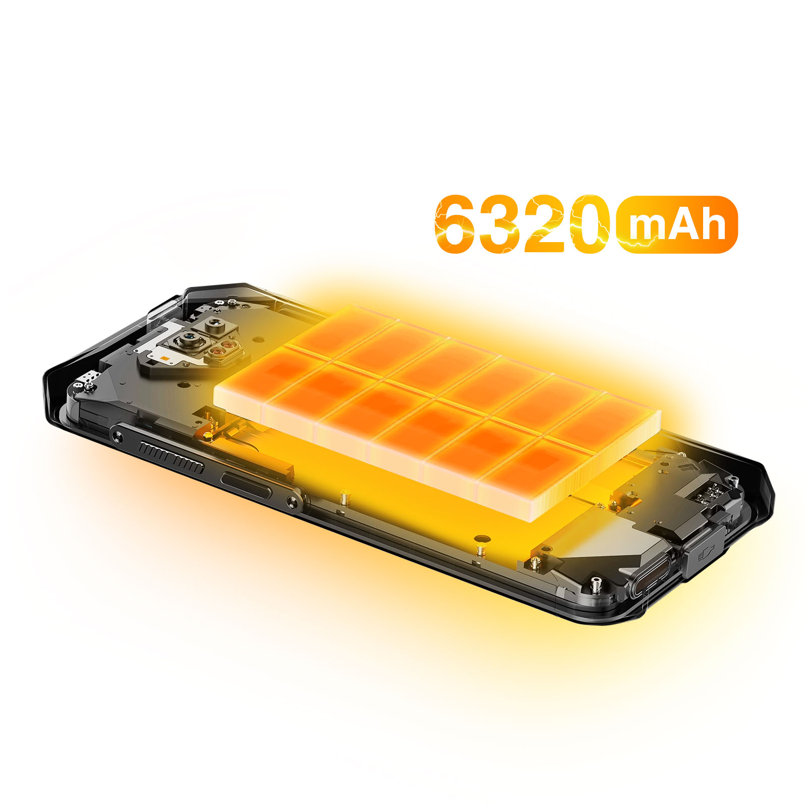 Interne Komponenten eines Telefons sind sichtbar. Der Akku wird zusammen mit dem Text 6320 mAh hervorgehoben. Das Telefon ist schwarz.