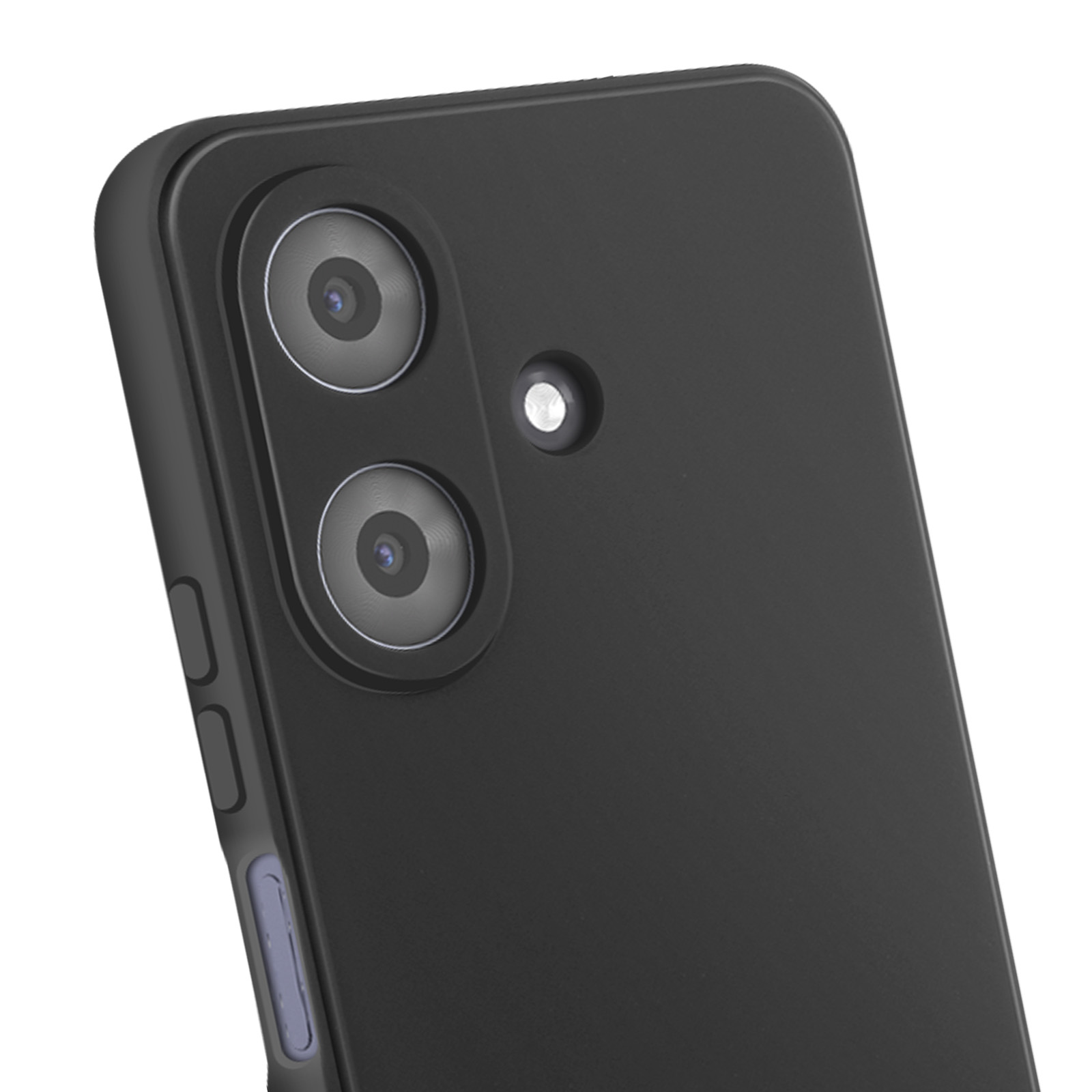 Primo piano della parte posteriore di uno smartphone nero. Sono visibili due obiettivi e un flash. Il bordo del telefono è a sinistra.