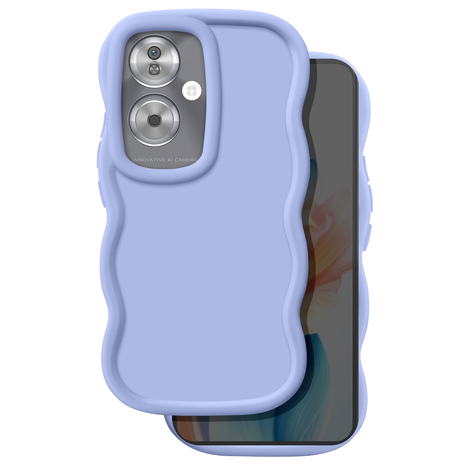 Una custodia per telefono viola chiaro con un design ondulato, che copre uno smartphone. La custodia ha ritagli per la fotocamera e il telefono è visibile.