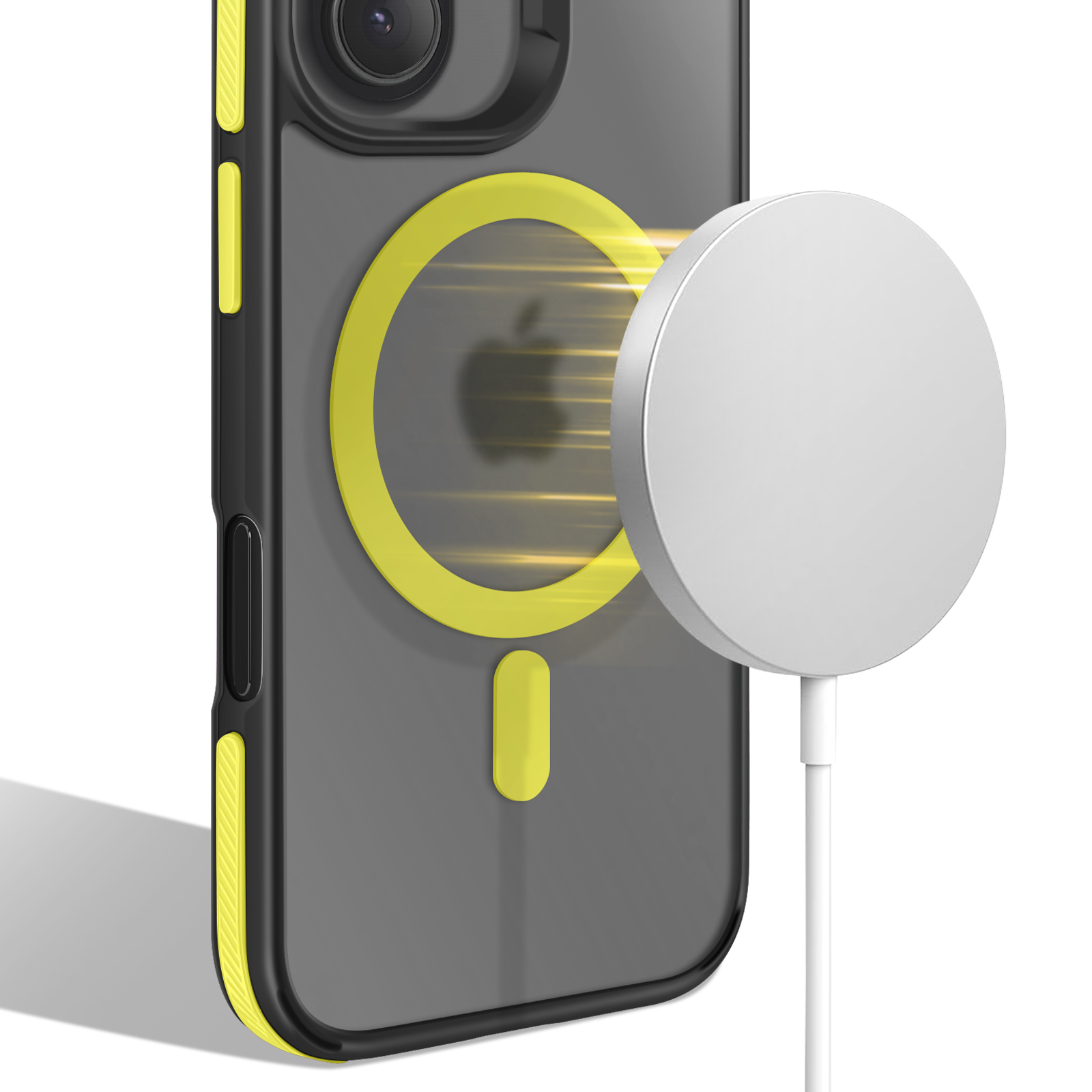 Una custodia per telefono con un anello giallo e un disco di ricarica bianco sono vicini. Il logo Apple è visibile.