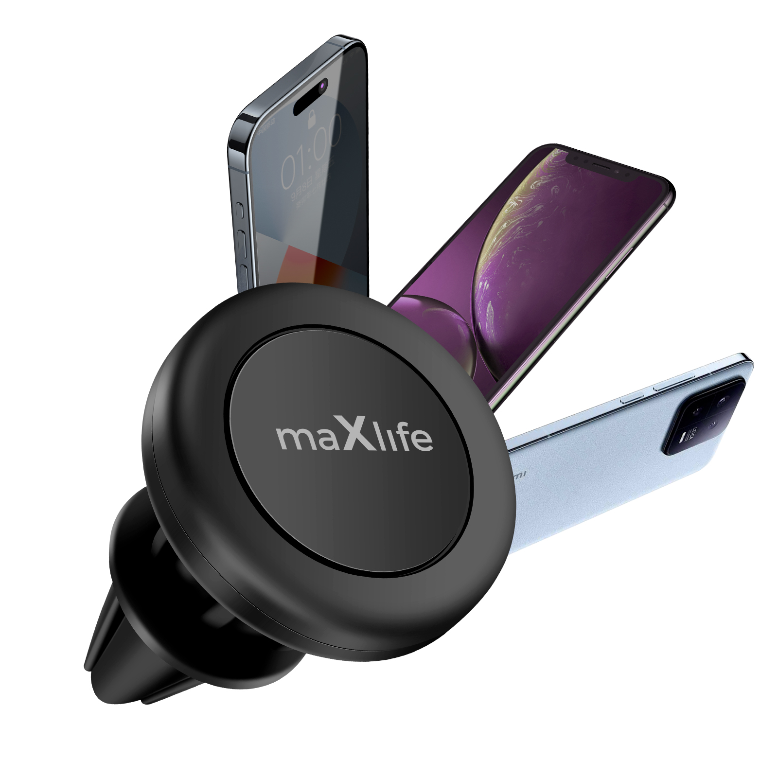 Eine schwarze Telefonhalterung mit drei Smartphones. Die Halterung hat das Logo 'maxLife'. Smartphones sind verschiedene Modelle.
