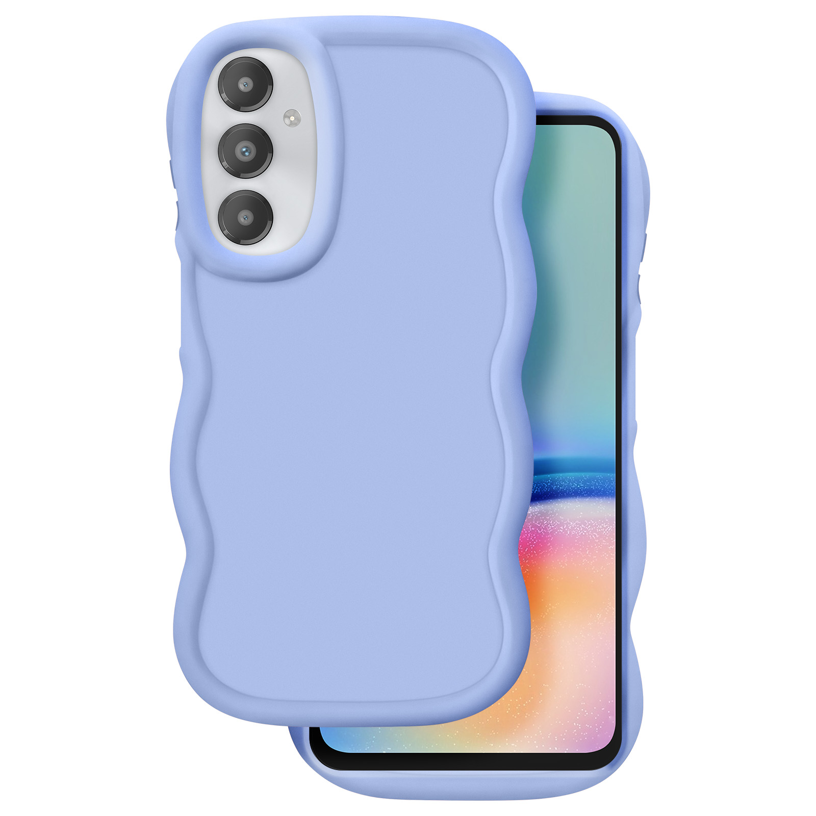Una custodia per telefono azzurra con un design ondulato, che copre parzialmente lo schermo. Lo schermo mostra un'immagine colorata.