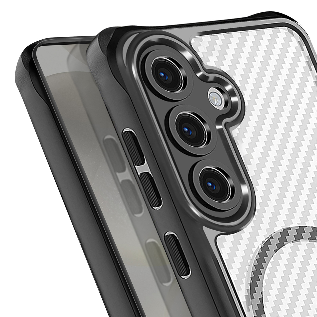 Gros plan sur une coque de téléphone. L'étui a un cadre noir et un motif en fibre de carbone blanche au dos. Plusieurs lentilles de caméra sont visibles.