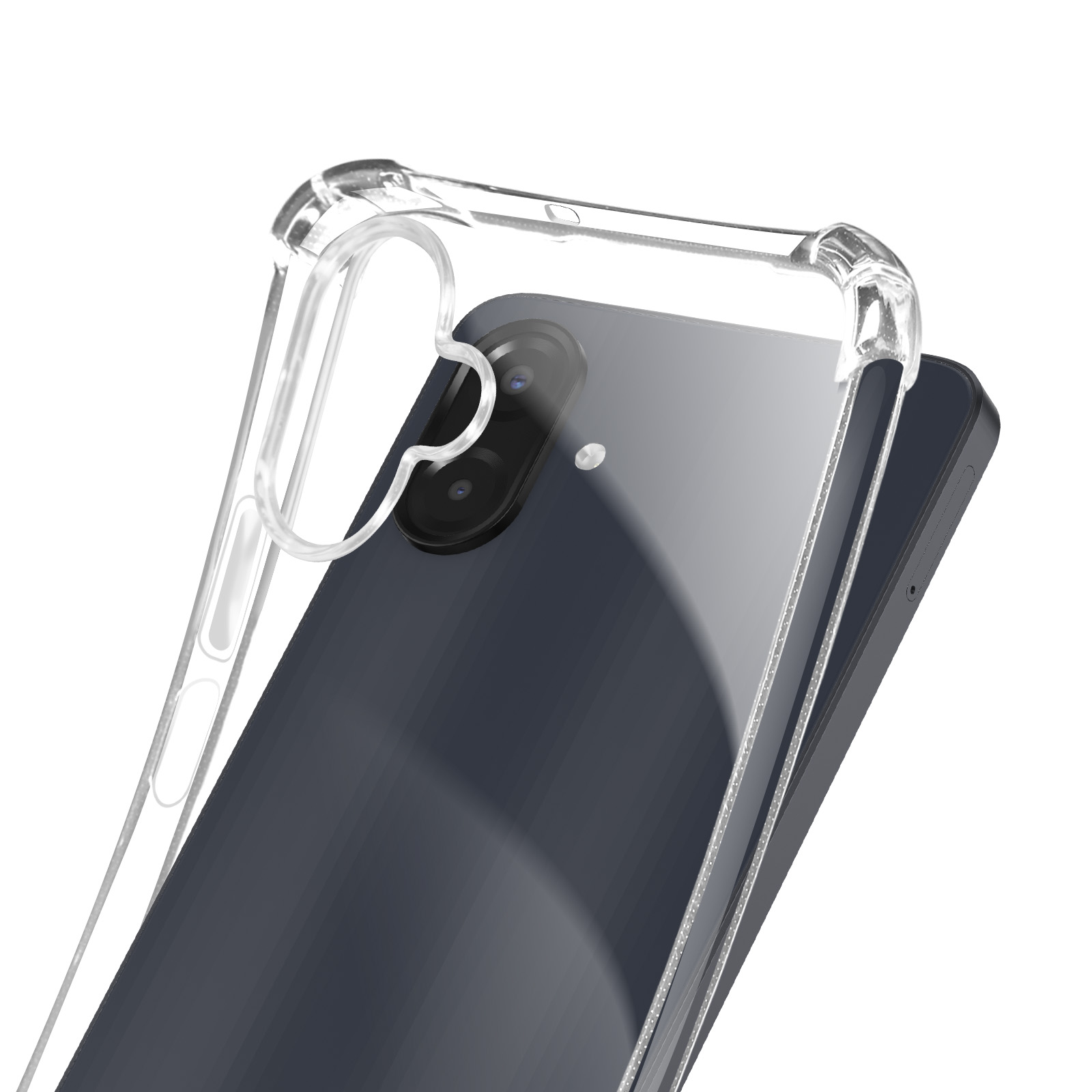 Una custodia trasparente per telefono è su un telefono scuro. L'obiettivo della fotocamera è visibile. La custodia è angolata verso lo spettatore.
