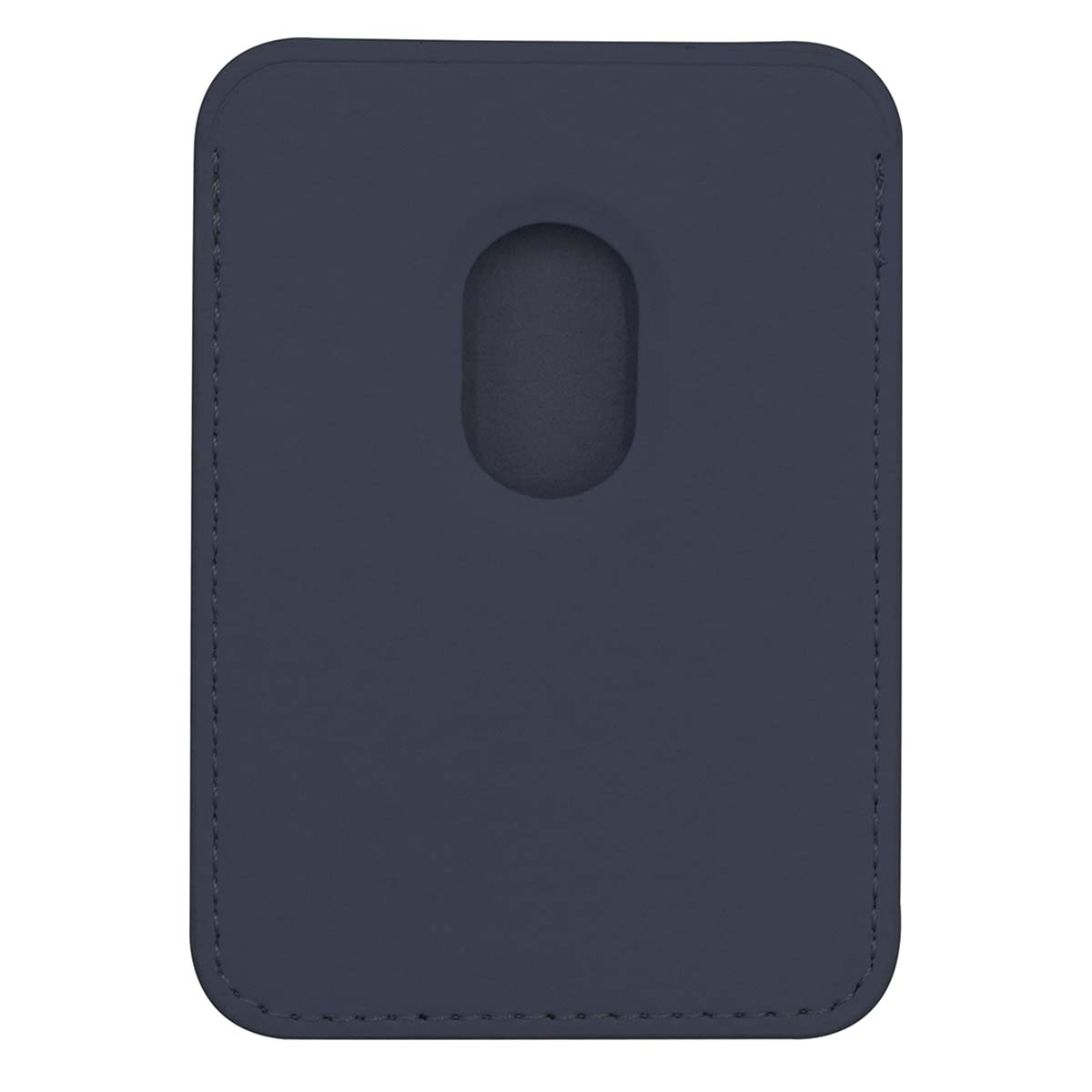 Un porta carte rettangolare blu navy con una fessura curva al centro. I bordi cuciti definiscono la forma.