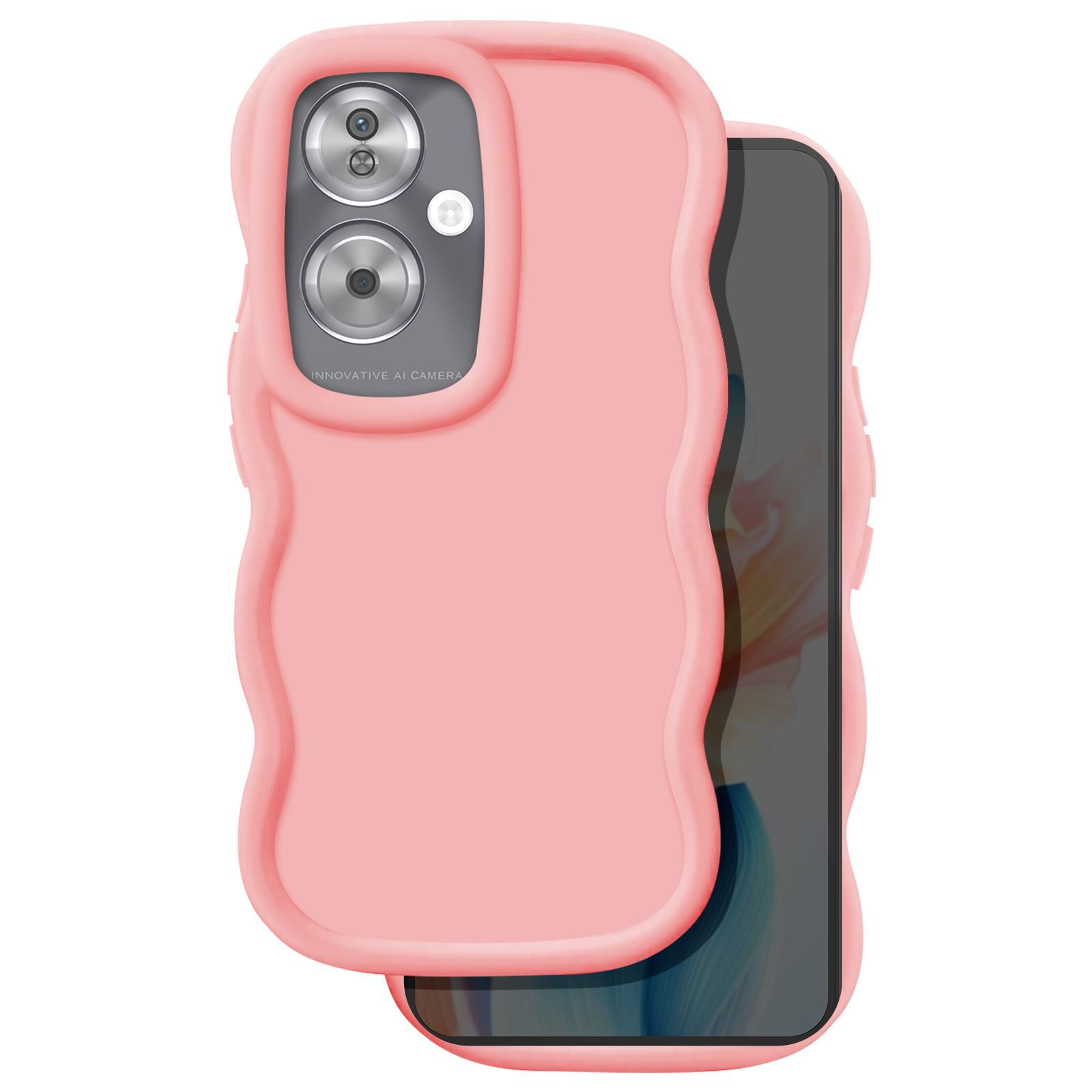 Una custodia rosa per telefono con un design ondulato, che copre un telefono con schermo nero. La custodia ha due obiettivi.