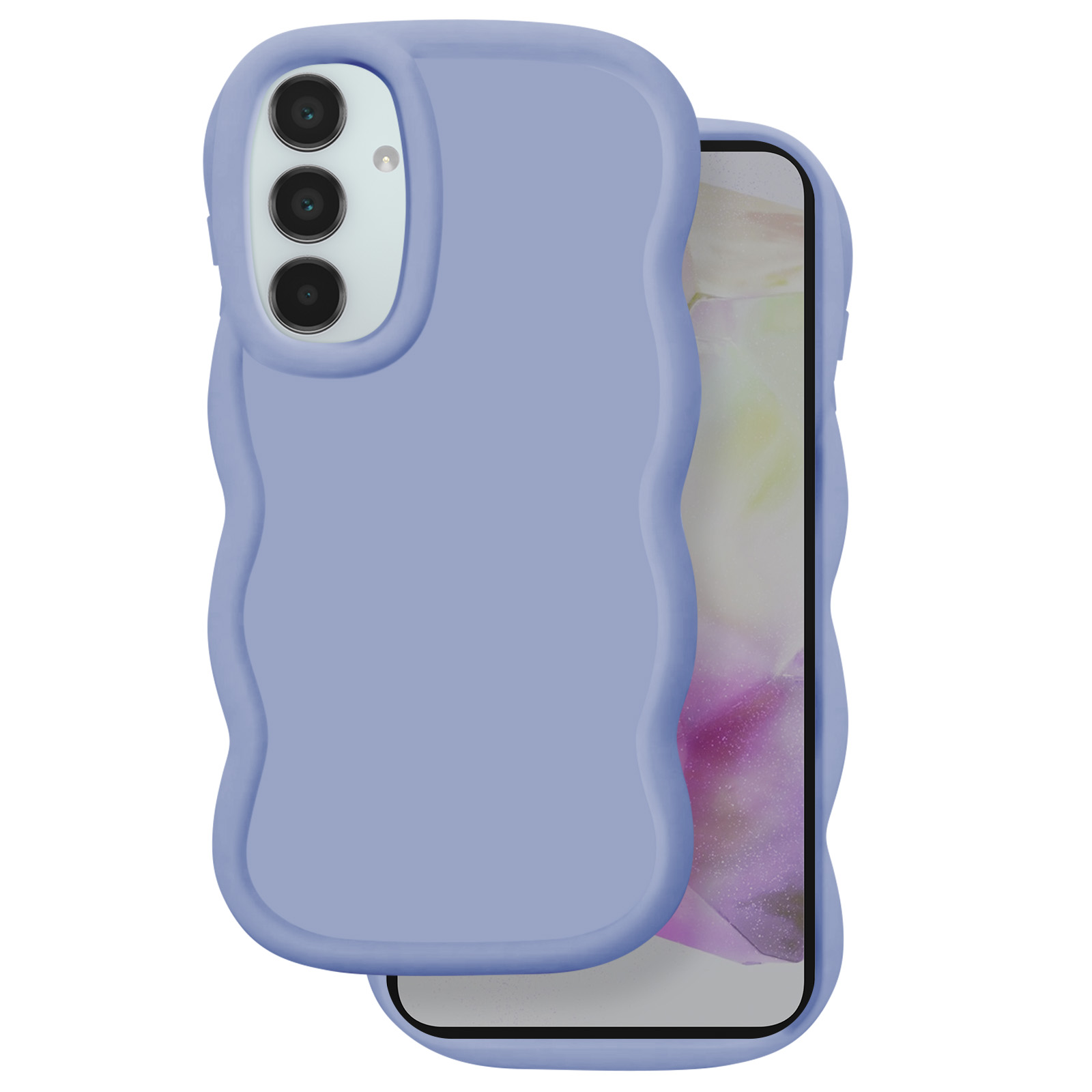 Una custodia per telefono color lavanda con bordi ondulati. Un telefono con schermo è parzialmente visibile.