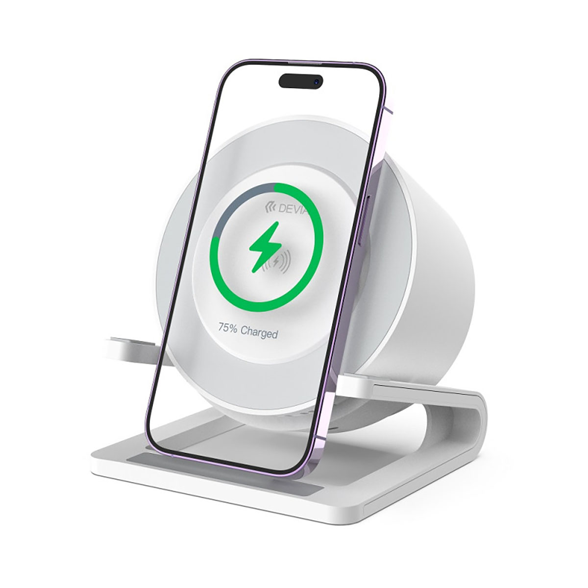 Un téléphone se chargeant sur un chargeur sans fil blanc. L'écran du téléphone affiche 75% de charge avec un éclair vert.