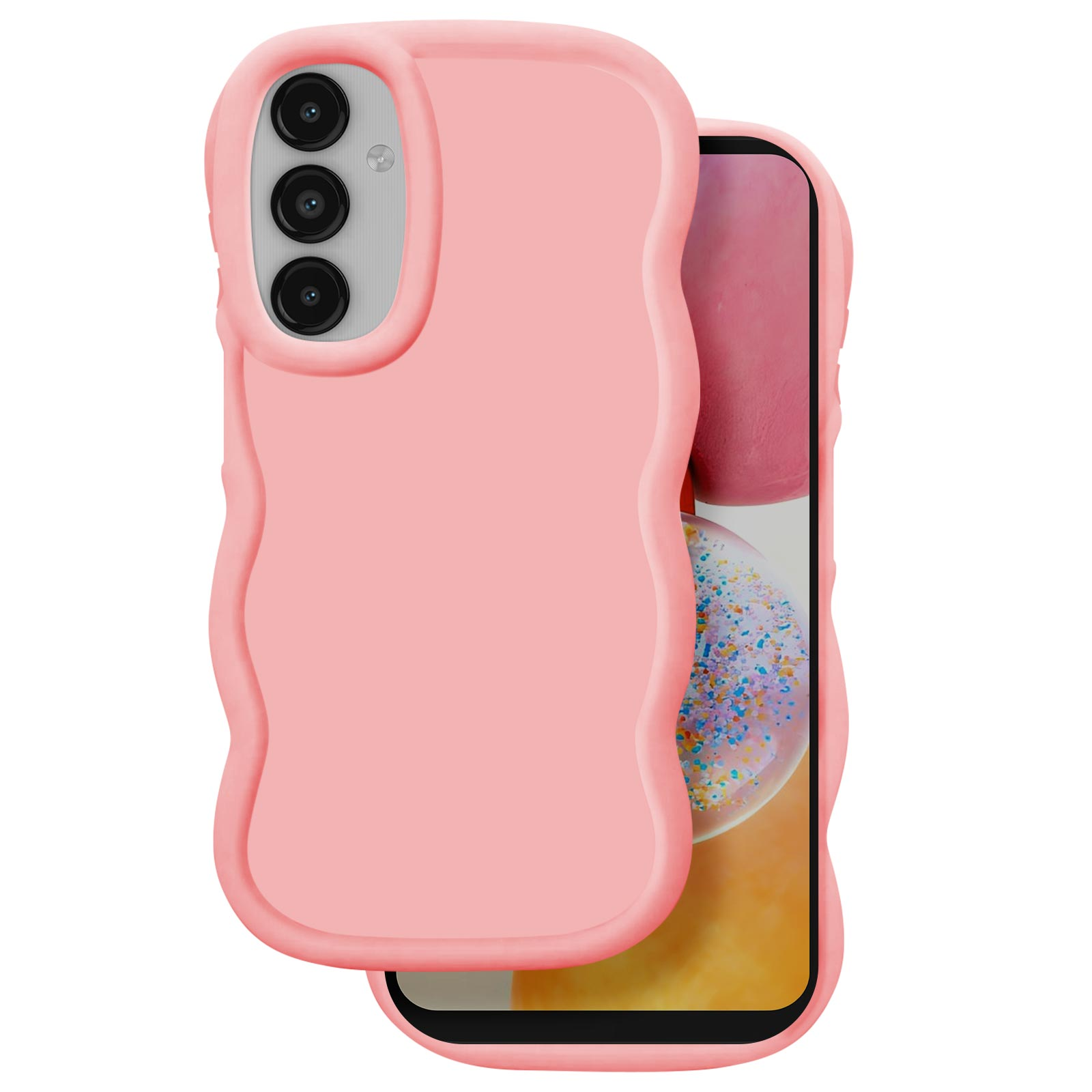 Eine rosa Handyhülle befindet sich auf einem Telefon mit drei Kameralinsen. Der Bildschirm zeigt bunten Hintergrund.