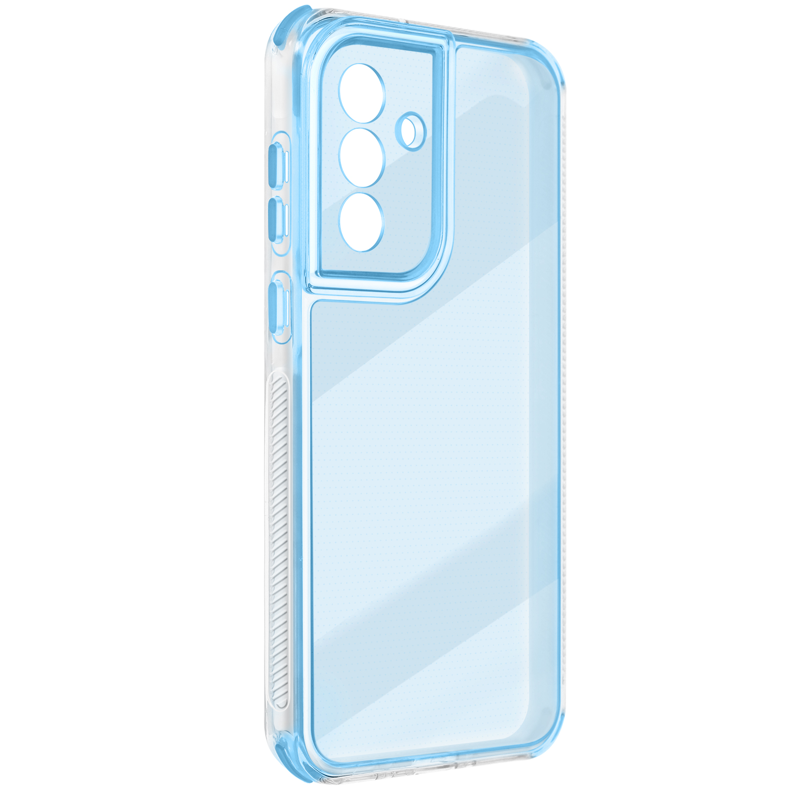 Une coque de téléphone bleue transparente, avec des découpes pour les boutons et l'appareil photo. Fond blanc.