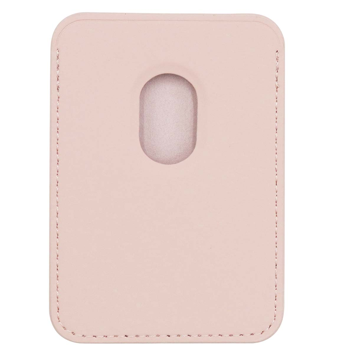 Un porta carte rettangolare rosa chiaro con angoli arrotondati. Ha un ritaglio arrotondato al centro. Bordi cuciti.
