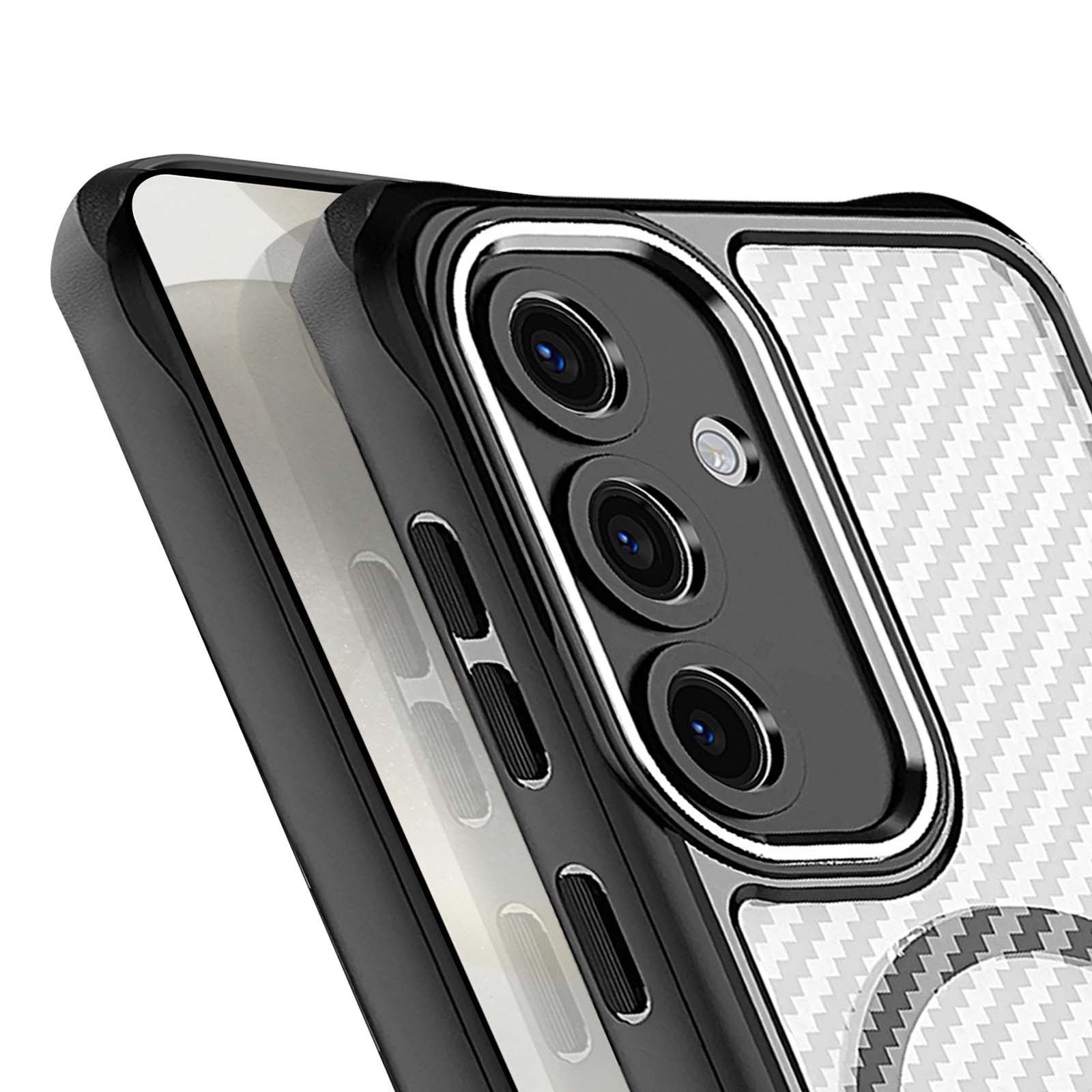 Primo piano di una custodia nera per telefono. Presenta un modulo fotocamera con tre lenti e un motivo in fibra di carbonio.