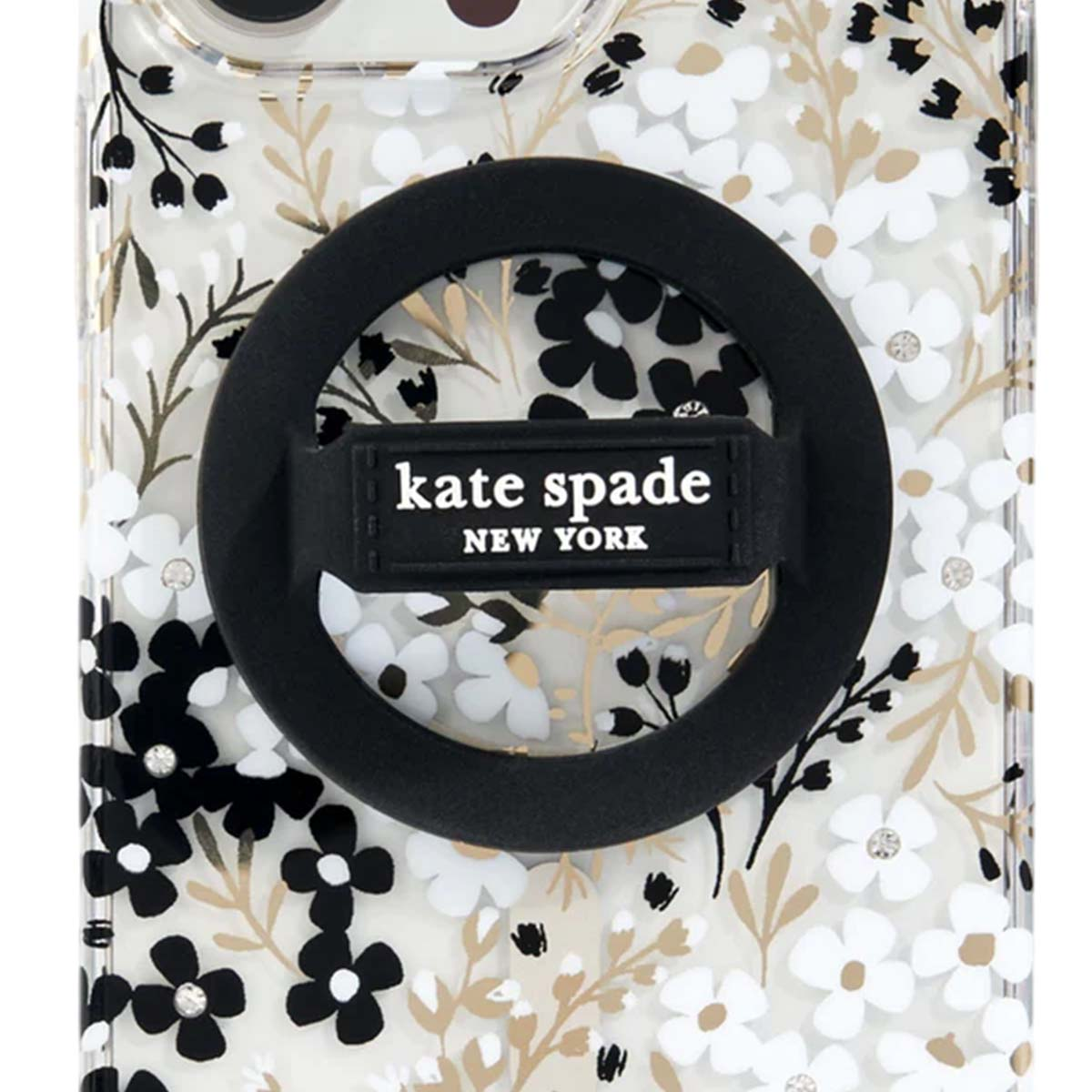 Custodia trasparente con design floreale, supporto ad anello nero con logo 'kate spade NEW YORK'.