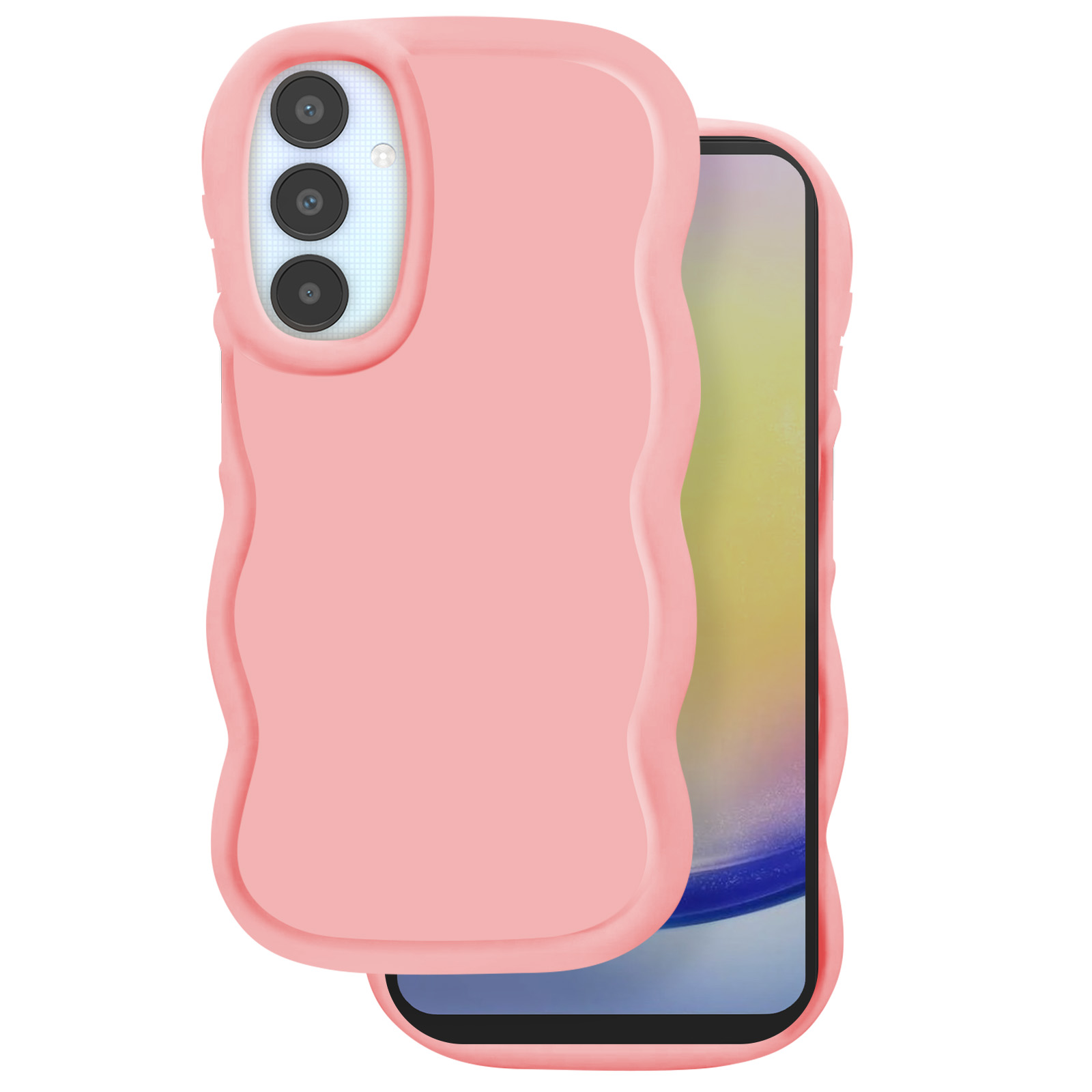 Una custodia rosa per telefono con bordo ondulato e uno smartphone all'interno. La custodia ha tre fori per la fotocamera.