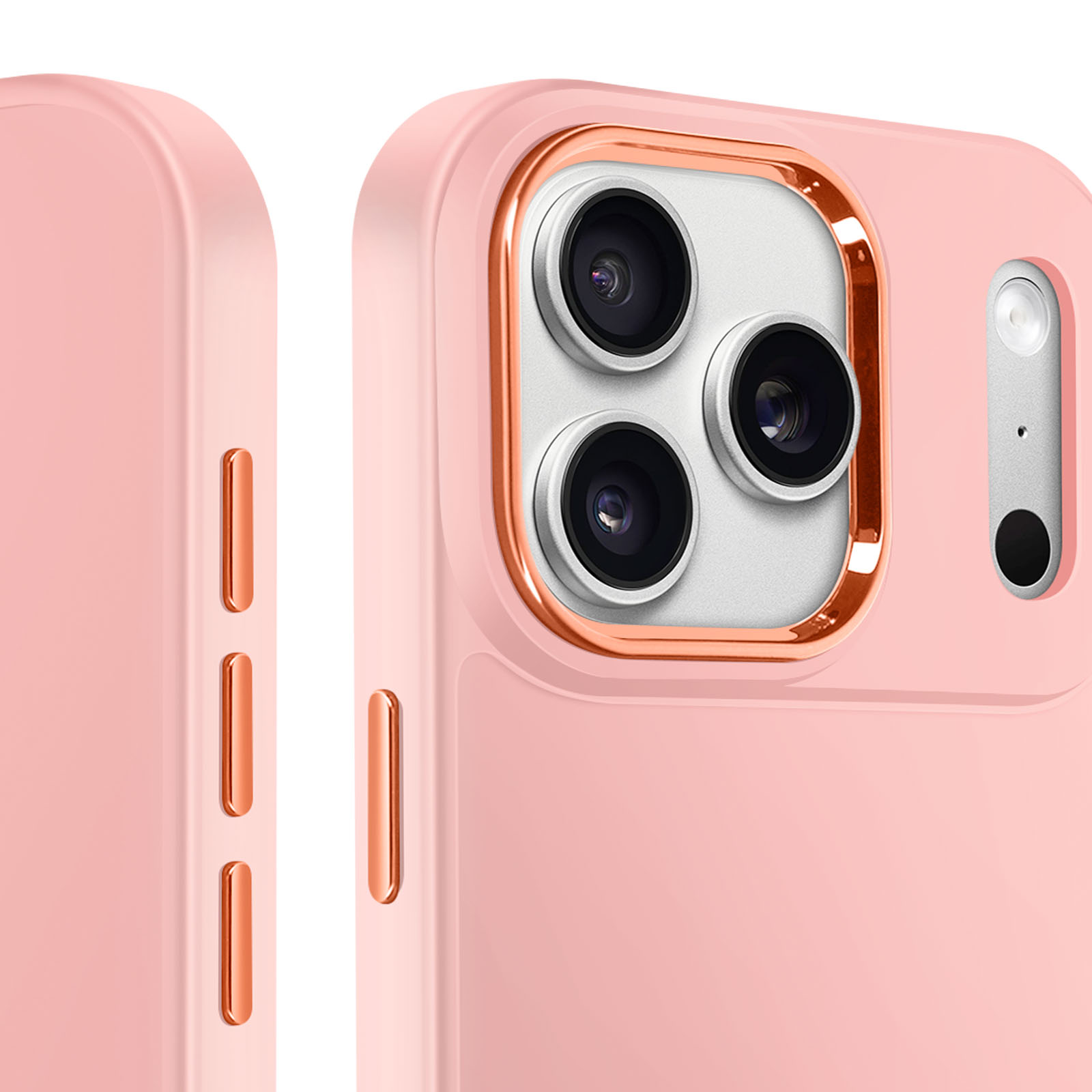 Custodia rosa per telefono con cornice dorata per fotocamera, tre lenti e pulsanti laterali.