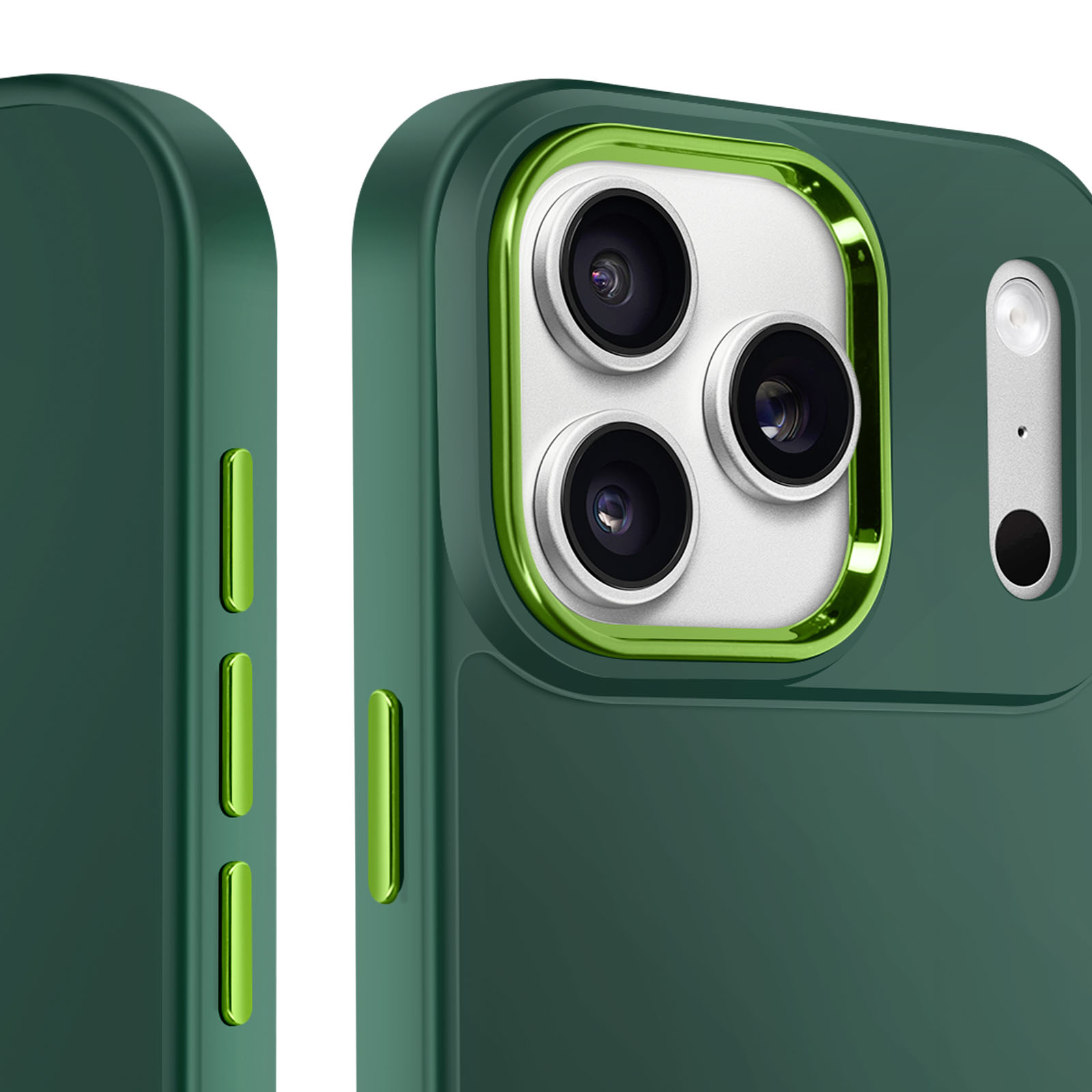 Primo piano di una custodia verde per telefono con modulo fotocamera. La custodia ha pulsanti verdi. La fotocamera ha tre lenti.
