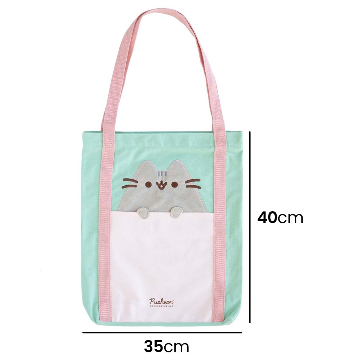 Una borsa tote verde menta con cinghie rosa. Ha un design a forma di gatto sulla tasca anteriore, con l'etichetta "Pusheen". Misure: 35x40cm.