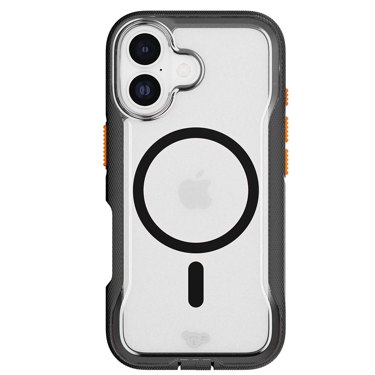 Custodia trasparente per telefono con dettagli neri e arancioni. Logo Apple visibile. Obiettivi della fotocamera in alto. Cerchio magnetico e segno meno.