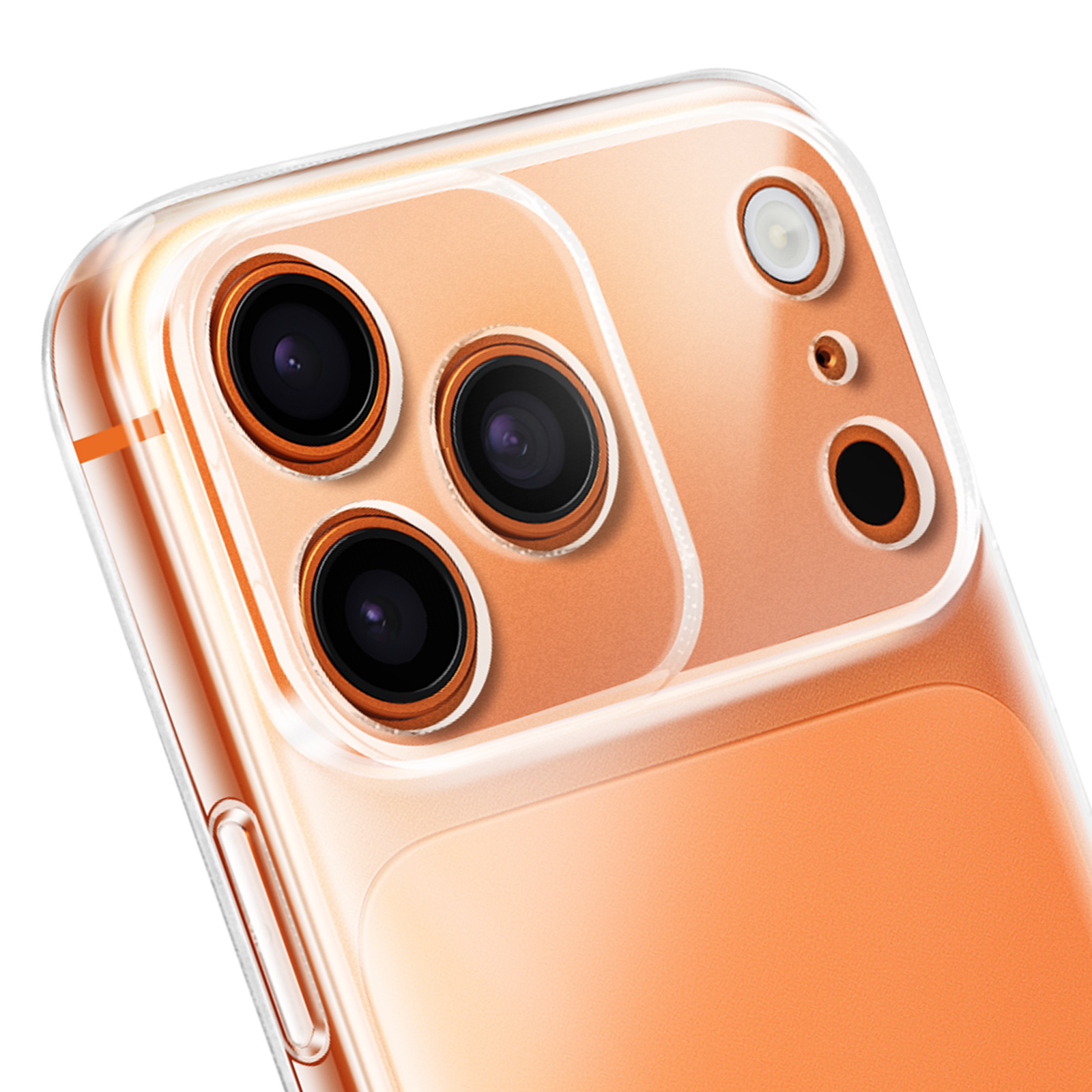 Close-up van een telefoon. Drie cameralenzen zijn zichtbaar met een doorzichtige hoes. De telefoon is oranje en heeft een witte achtergrond.
