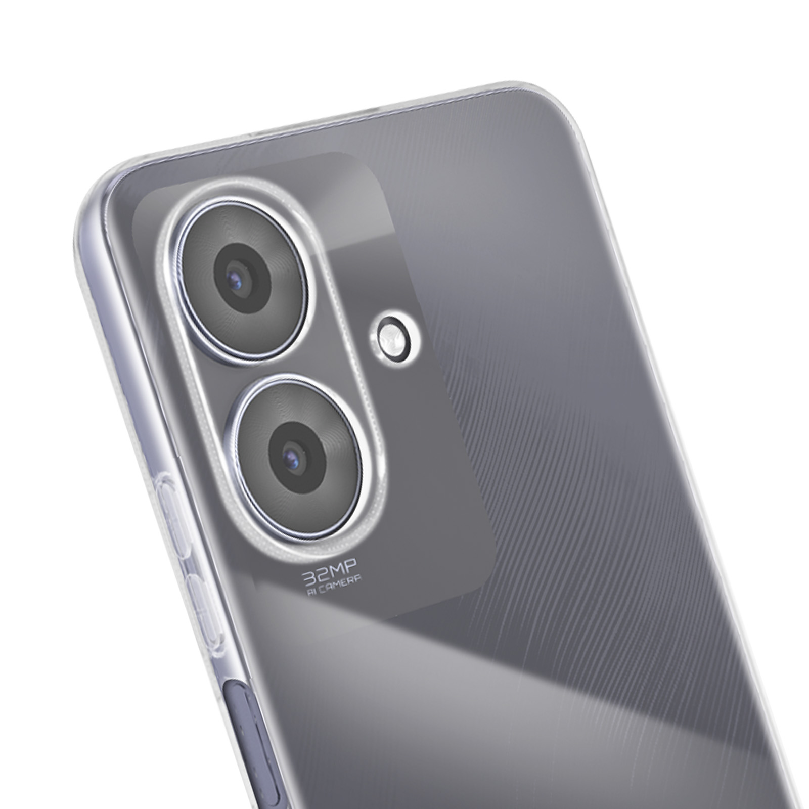 Primo piano del retro di un telefono con doppie lenti della fotocamera. Custodia trasparente. Retro grigio strutturato. Scritto 32MP AI camera.