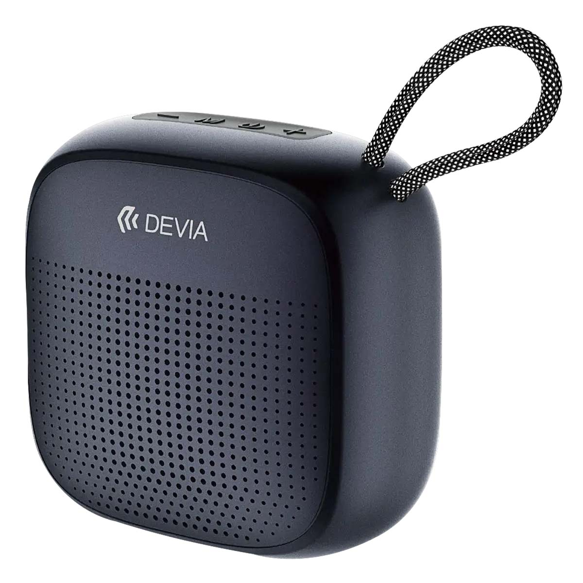 Un altoparlante Bluetooth Devia grigio scuro. Ha un frontale perforato, pulsanti di controllo e una maniglia ad anello bianca e nera.
