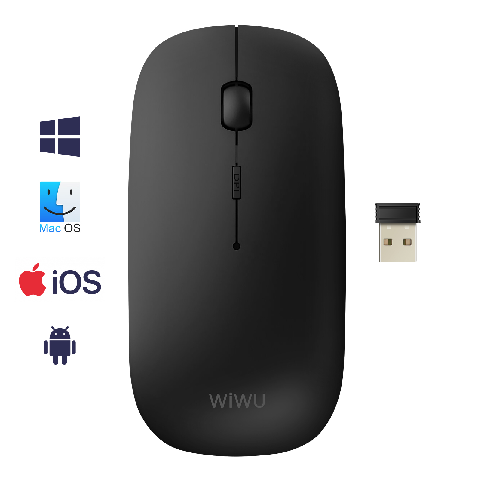 Schwarze kabellose Maus mit USB-Empfänger. Symbole für Windows, Mac OS, iOS und Android werden angezeigt.