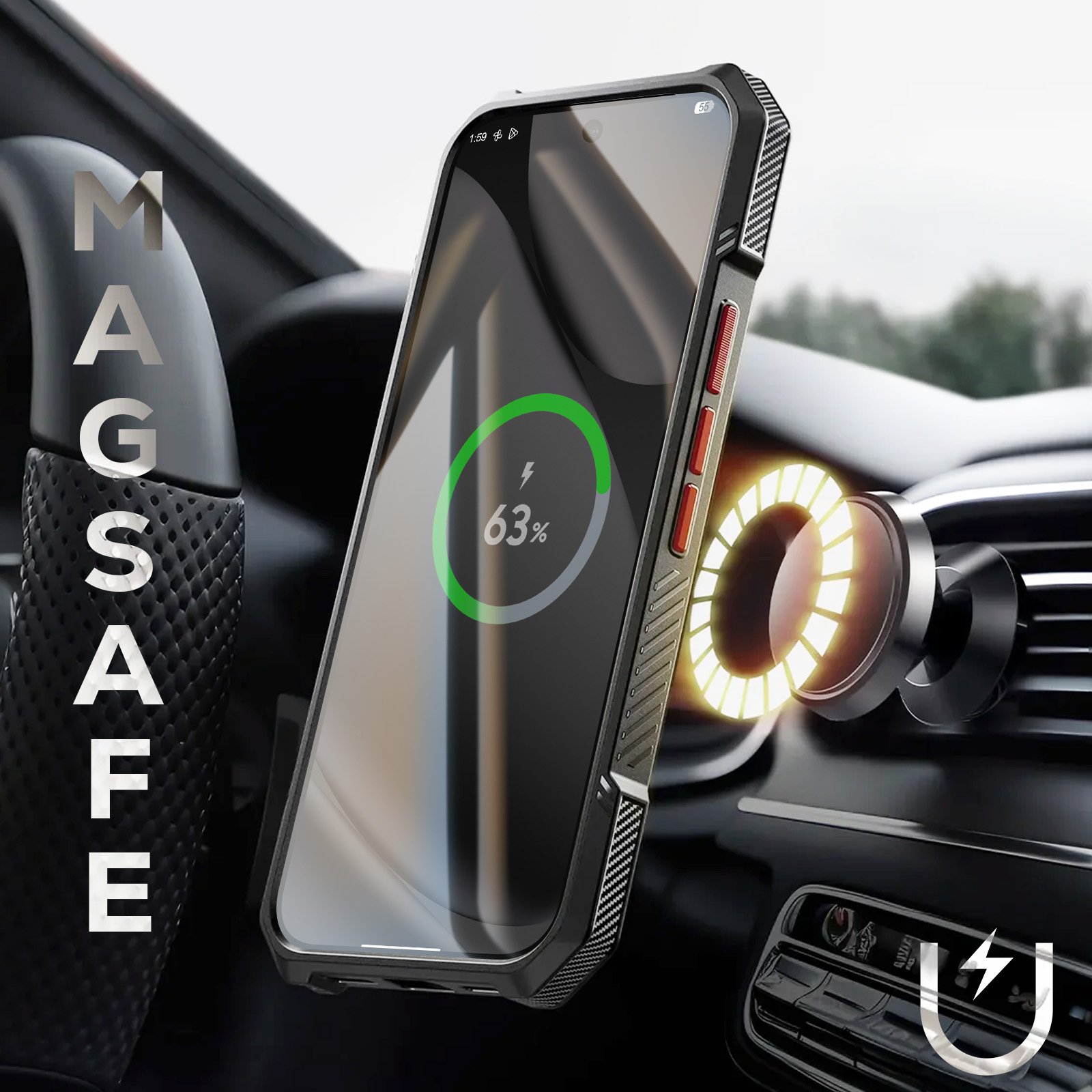 Ein Telefon in einer Autohalterung wird aufgeladen. Das Telefon zeigt 63 % Ladung an. Die Halterung ist ein leuchtender Kreis. Das Wort MAGSAFE ist sichtbar.
