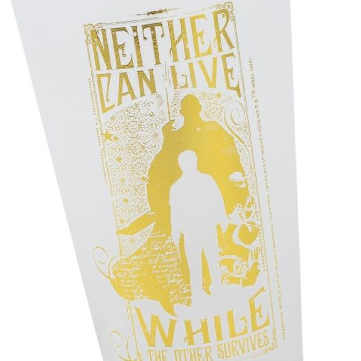Silueta dorada sobre blanco. El texto dice 'NEITHER CAN LIVE WHILE THE OTHER SURVIVES'. Dos figuras representadas.