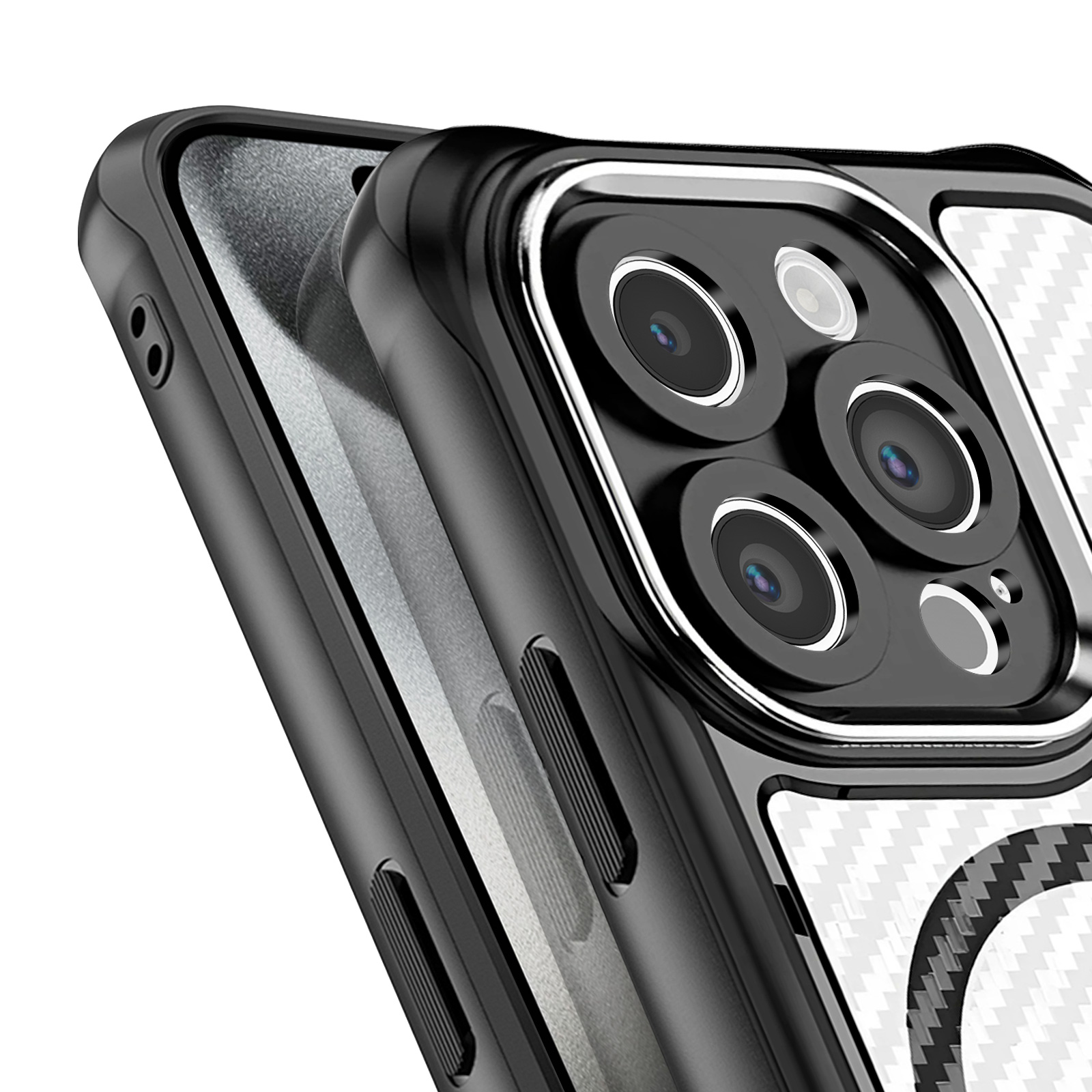 Gros plan d'une coque de téléphone noire avec plusieurs lentilles d'appareil photo et un motif noir et blanc au dos.