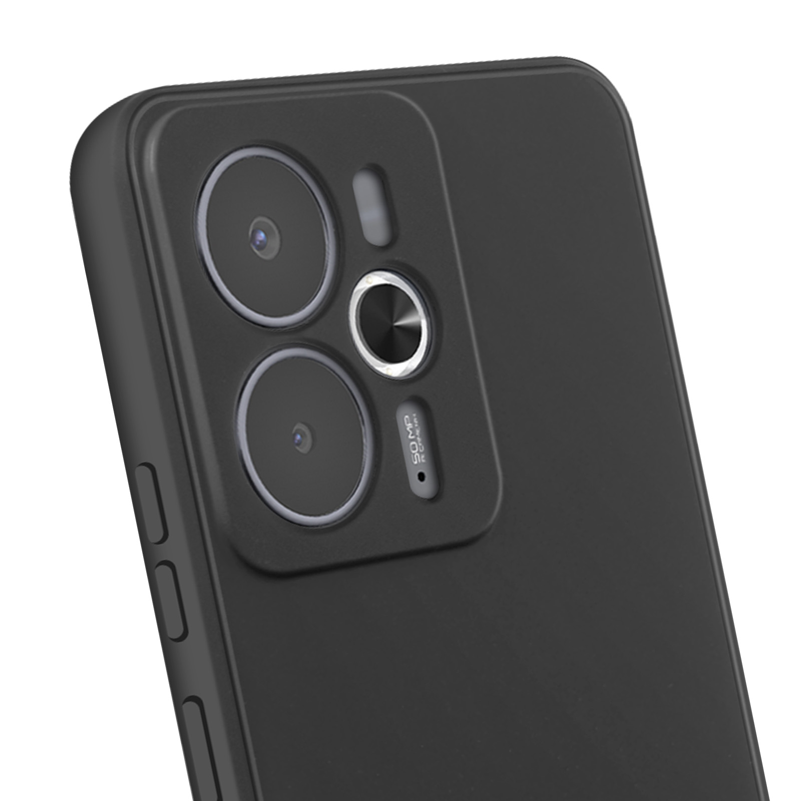 Primo piano di un telefono nero. Obiettivi della fotocamera, pulsanti e la superficie del telefono sono visibili.