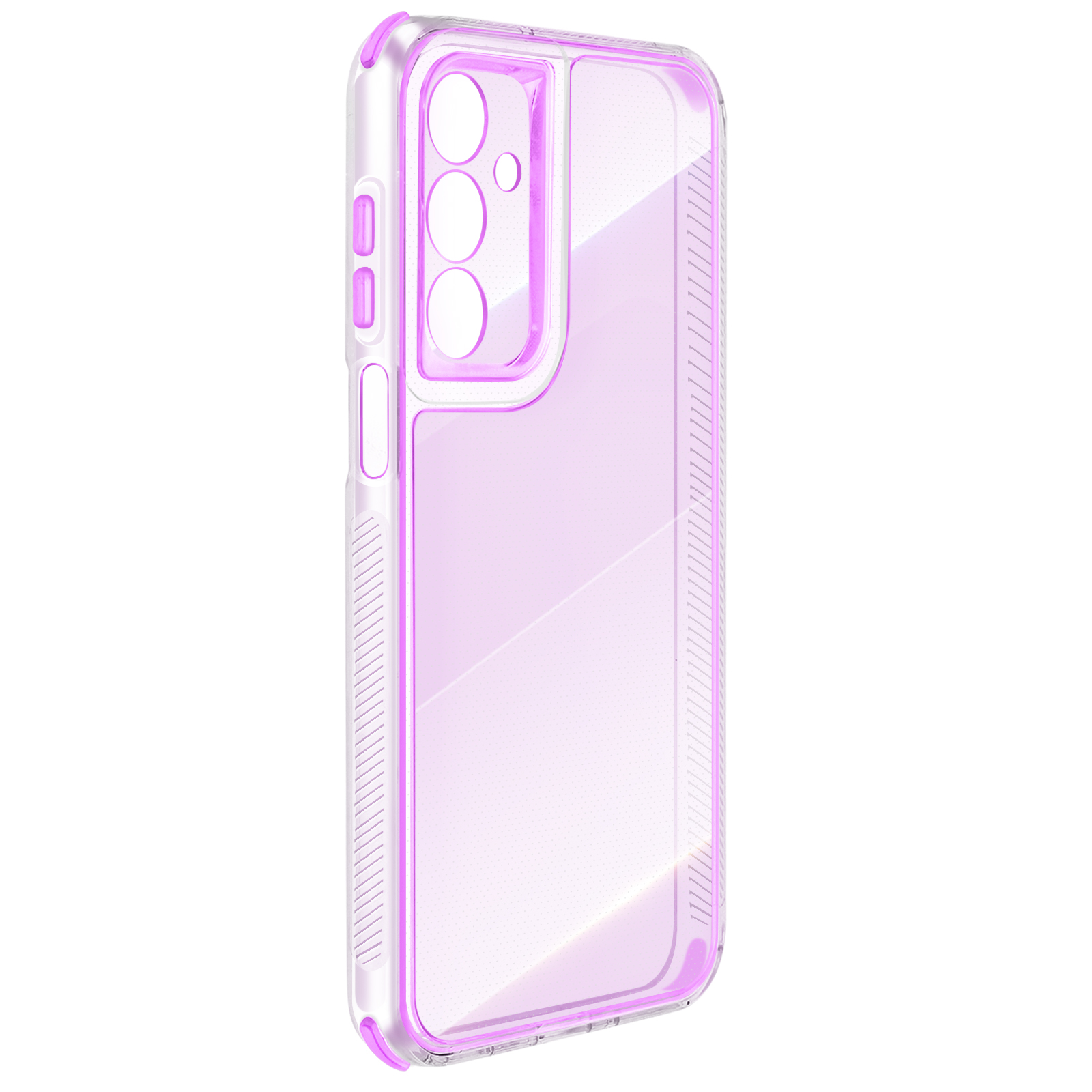Una custodia trasparente per telefono con dettagli rosa. Sono visibili fori per la fotocamera, pulsanti e un lato testurizzato.