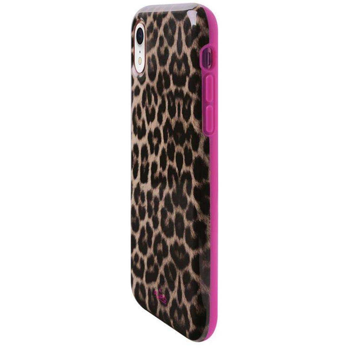Una custodia per telefono con stampa leopardata e bordo rosa è angolata verso destra.