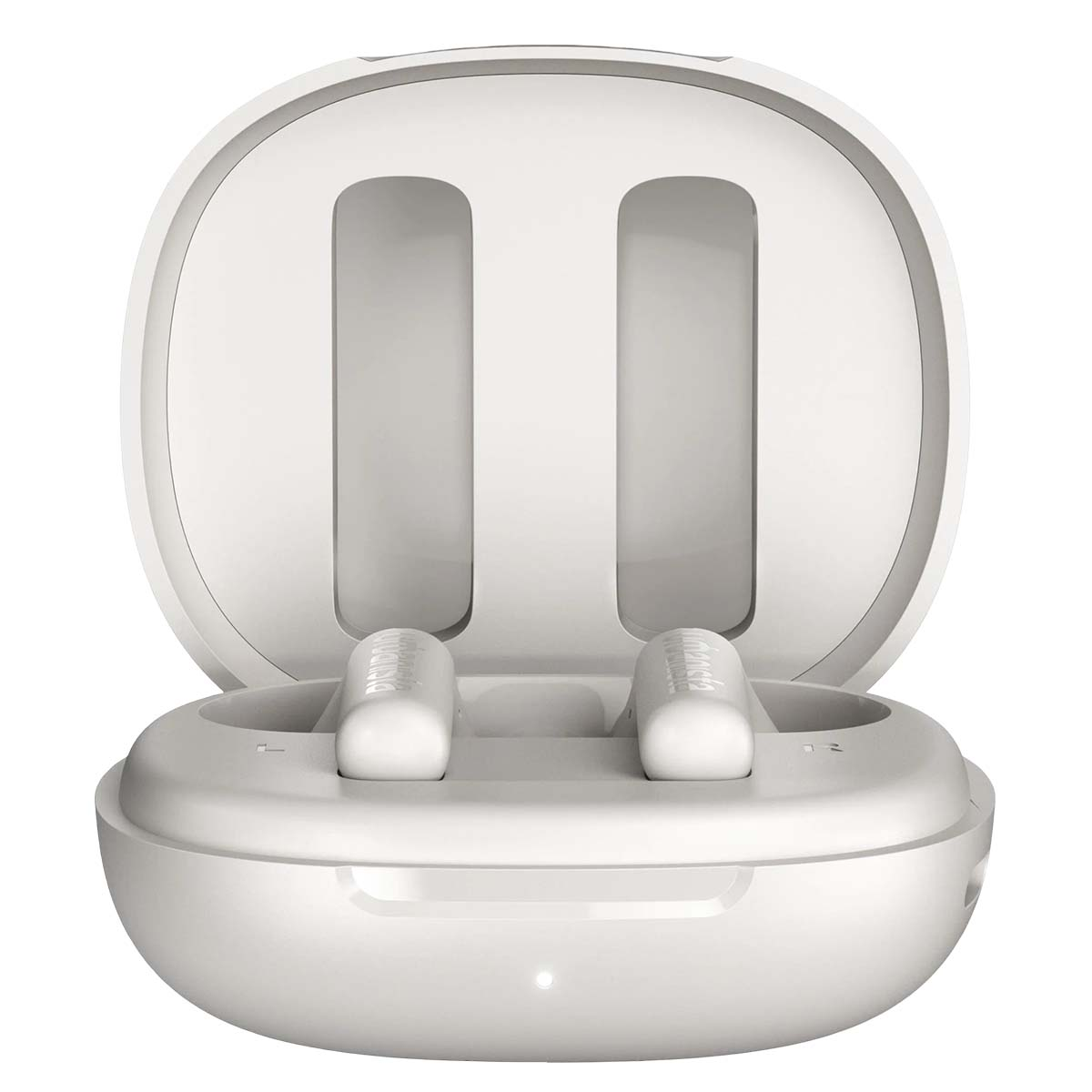 Białe, otwarte etui ładujące z dwoma białymi słuchawkami w środku. Etui ma zaokrąglony kształt, a słuchawki są cylindryczne.