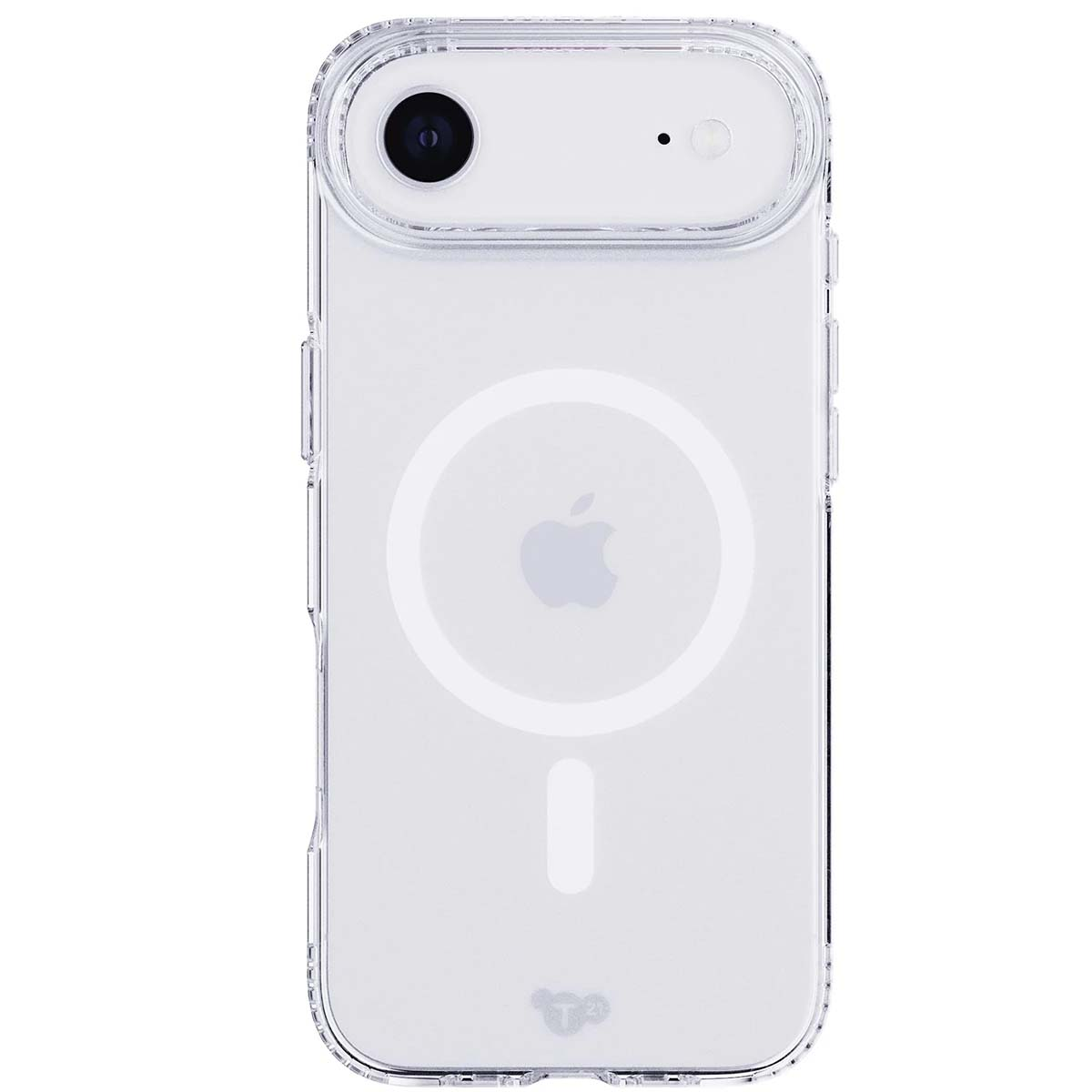 Custodia trasparente per telefono. Fotocamera visibile, logo Apple e cerchio di ricarica. Plastica trasparente, piccolo logo in basso.