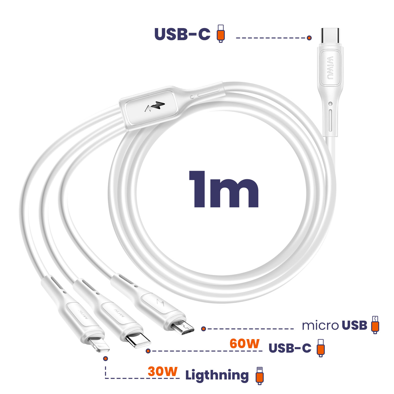 Câble de charge blanc avec connecteurs USB-C, micro USB et Lightning. Il mesure 1 m et prend en charge 30 W et 60 W.
