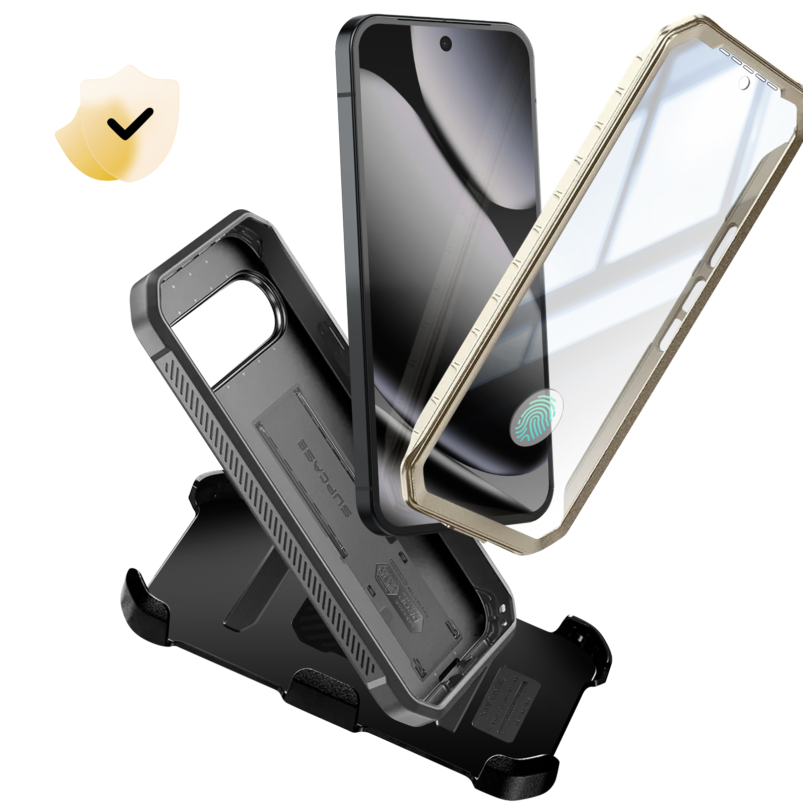 Un telefono in una custodia oro e nera, con una protezione schermo aperta e un supporto per telefono, su sfondo bianco.