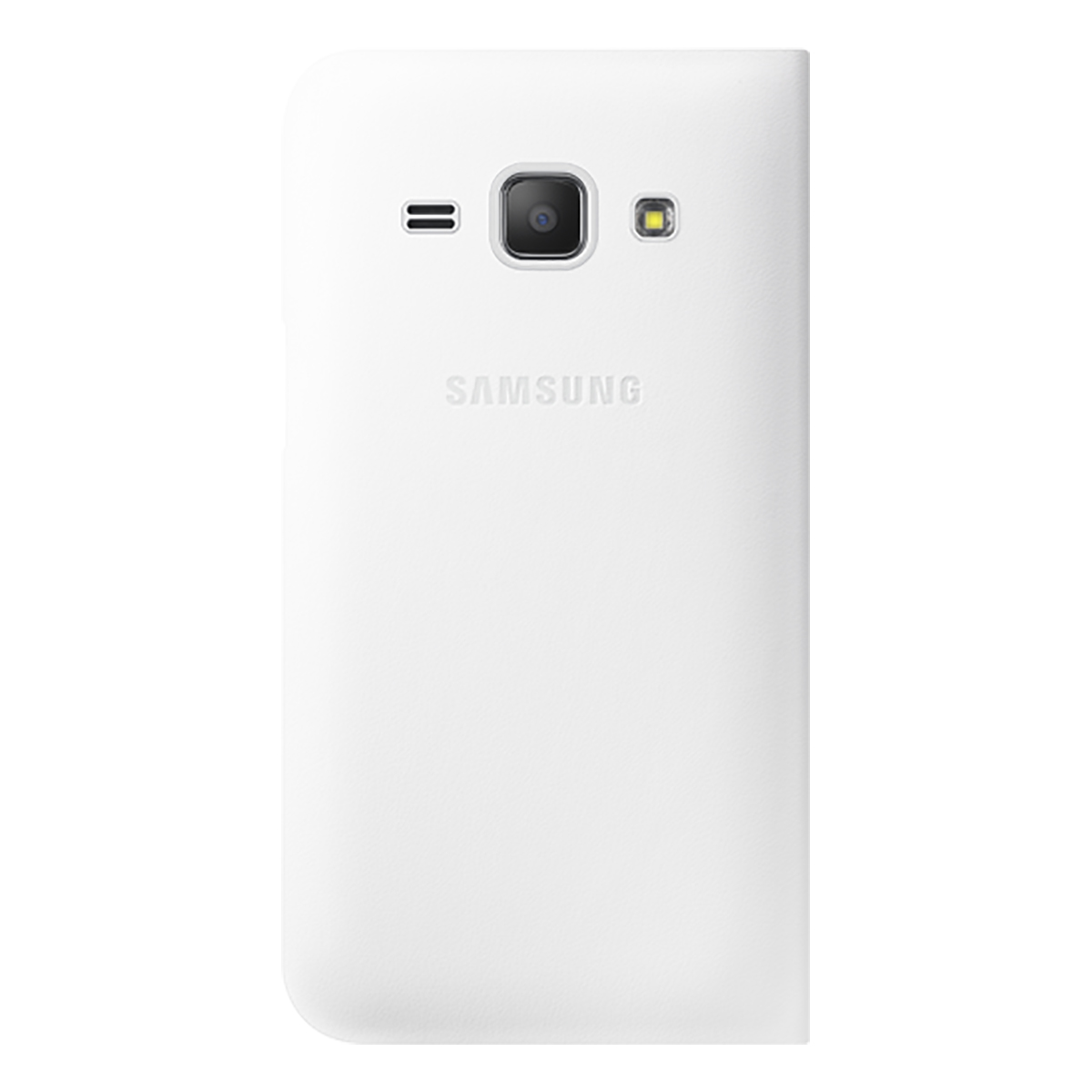 Retro bianco del telefono Samsung. Fotocamera, flash e altoparlante visibili. Samsung è stampato sotto la fotocamera.