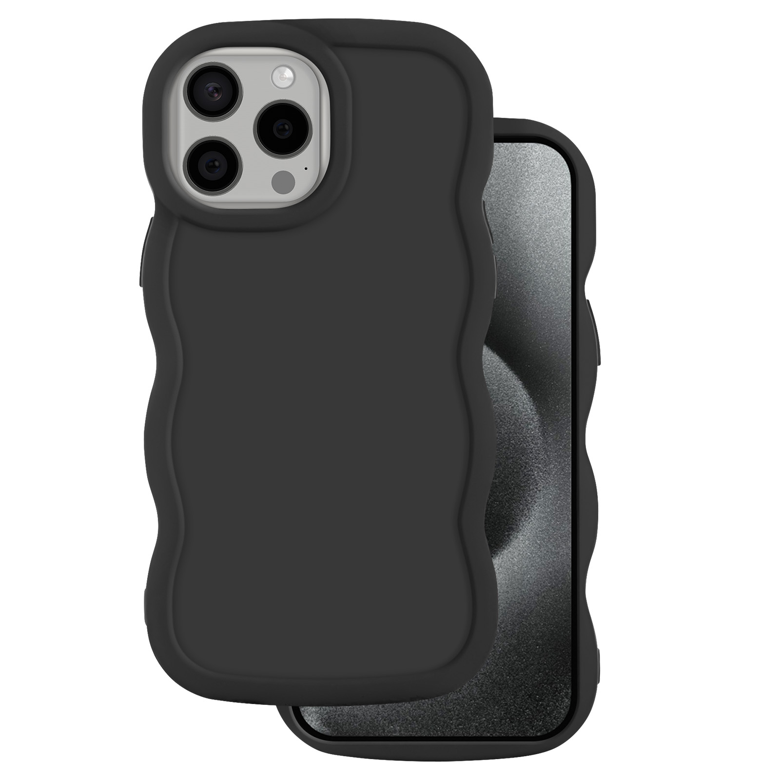 Una custodia nera per telefono con un design ondulato, che copre un telefono. Il telefono ha un modulo fotocamera.