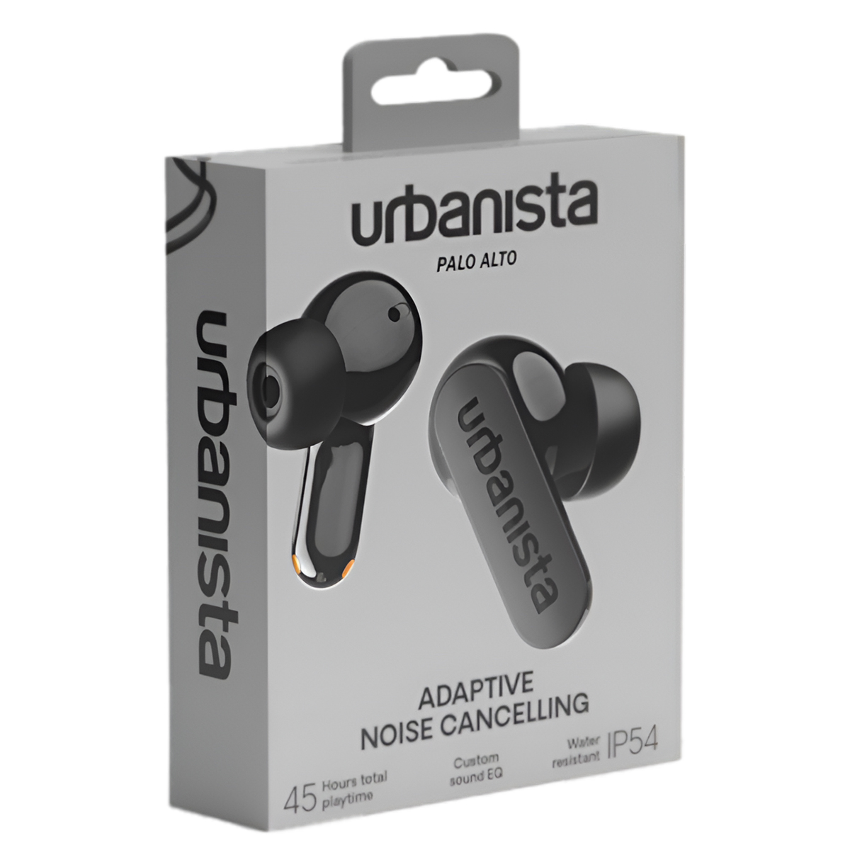 Eine Schachtel mit Urbanista Palo Alto Ohrhörern. Schwarze Ohrhörer befinden sich vor der Schachtel. Der Text auf der Schachtel lautet 'Adaptive Noise Cancelling'.