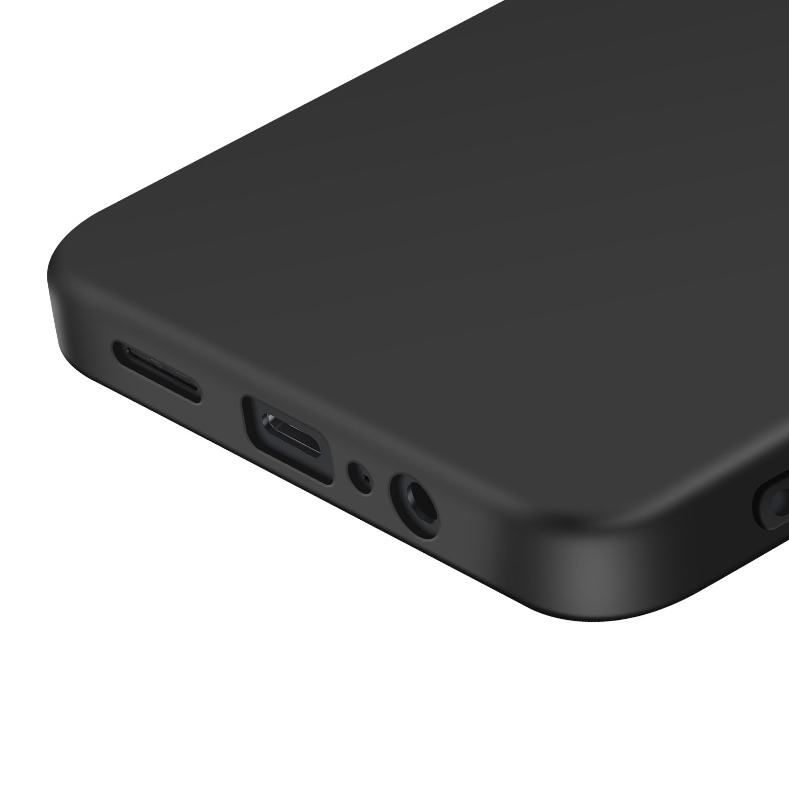 Primo piano del bordo inferiore di un telefono nero, con porte e superficie liscia su sfondo bianco.