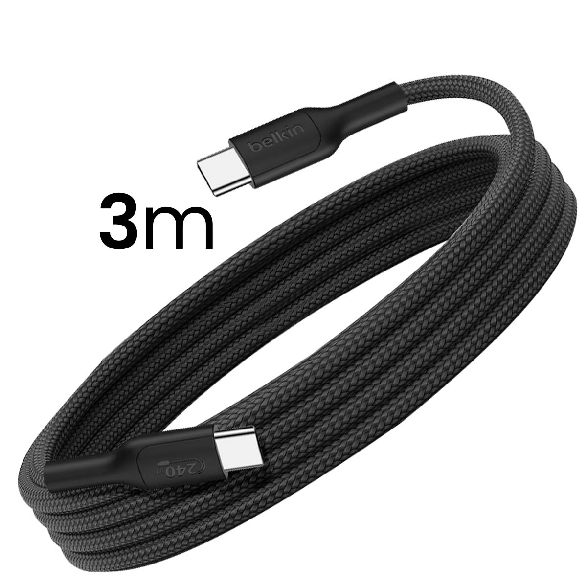 Czarny kabel USB-C Belkin, zwinięty. Kabel ma oznaczenie 3m. Złącza są na obu końcach. Tło jest białe.