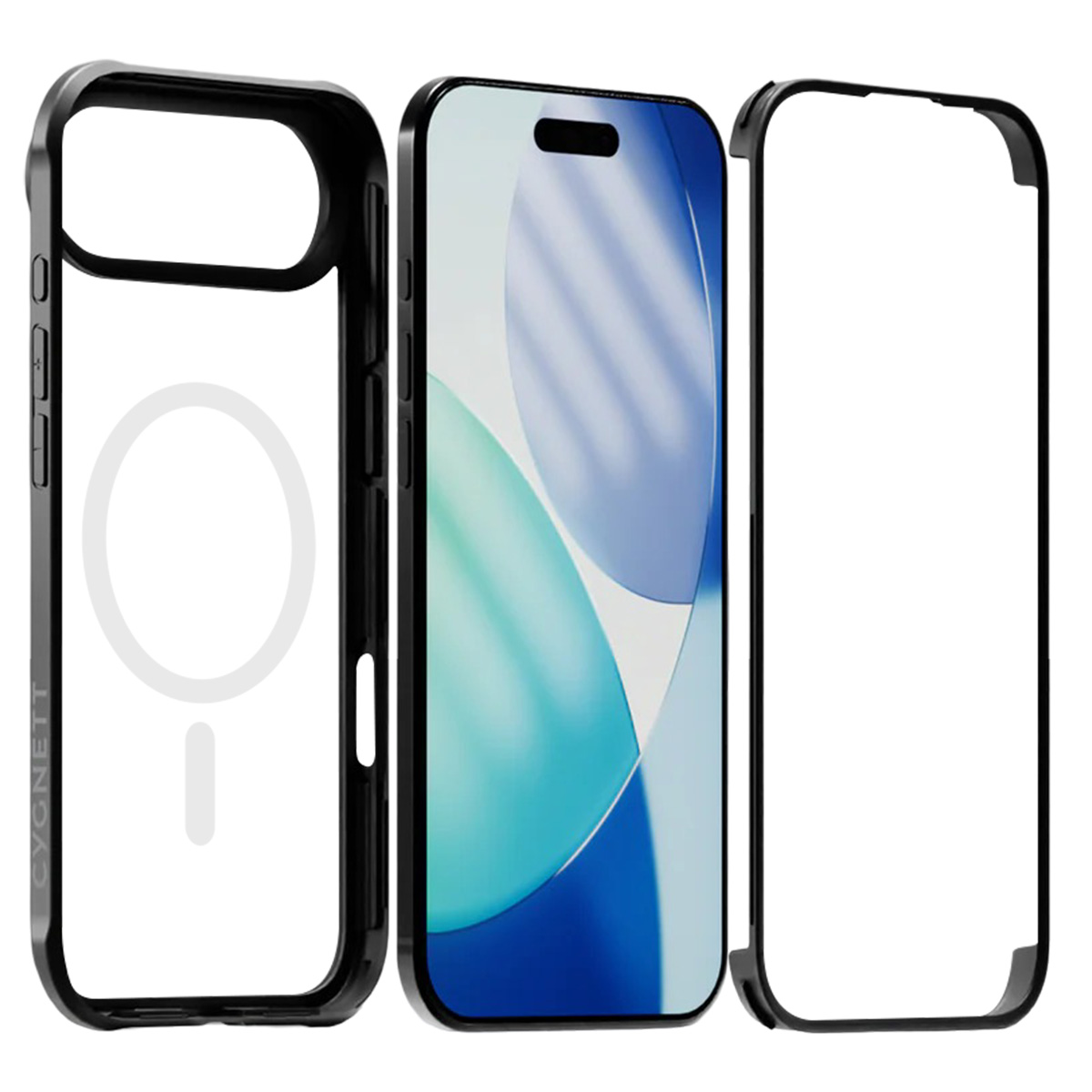Tre accessori per smartphone: un telefono, una custodia e una protezione per lo schermo. Tutto nero, la custodia ha un cerchio, il telefono mostra uno sfondo colorato.